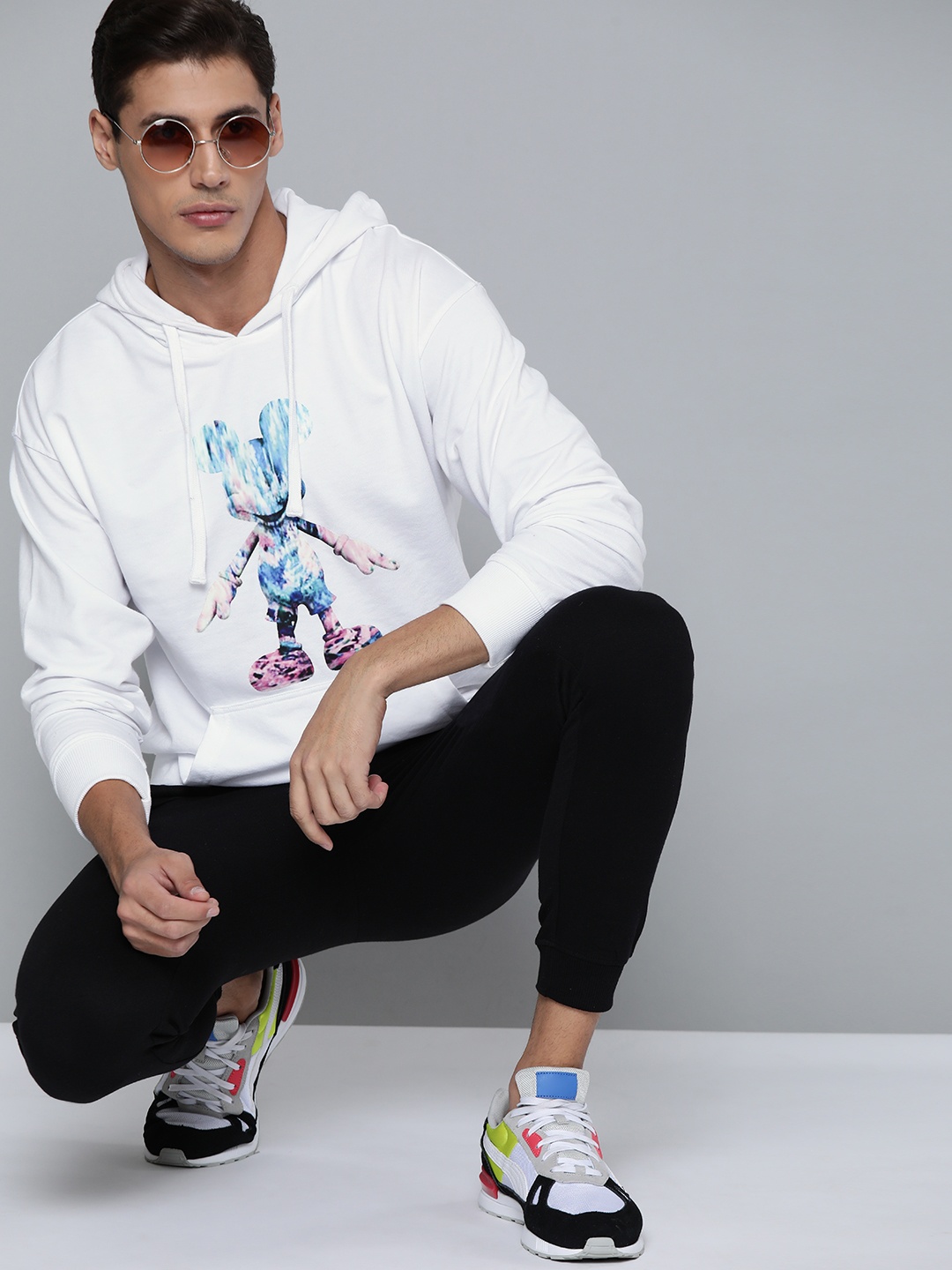 

Kook N Keech Disney Men White Mickey Mouse Print Hooded Sweatshirt