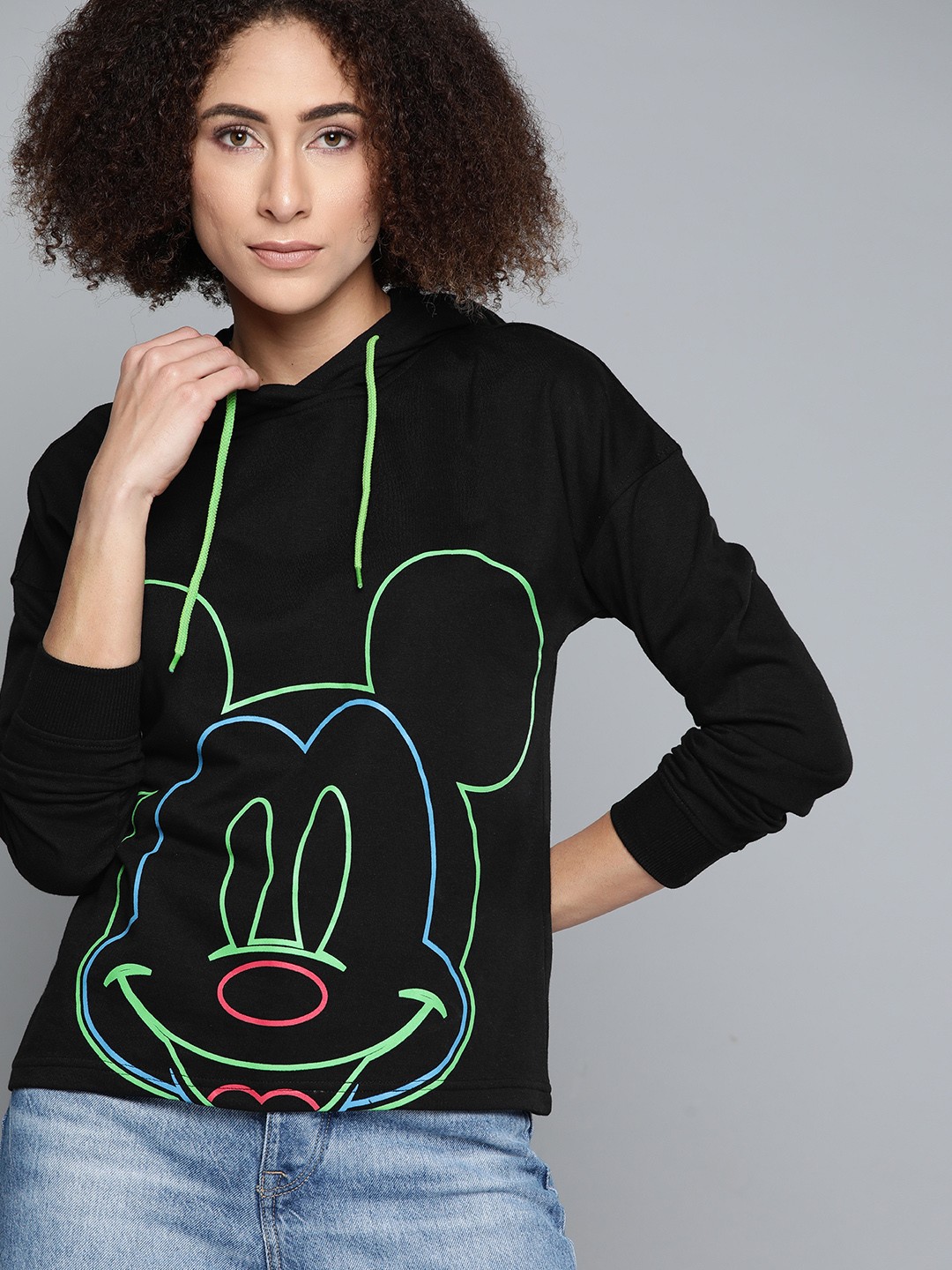 

Kook N Keech Disney Women Black & Green Mickey Printed Hooded Sweatshirt