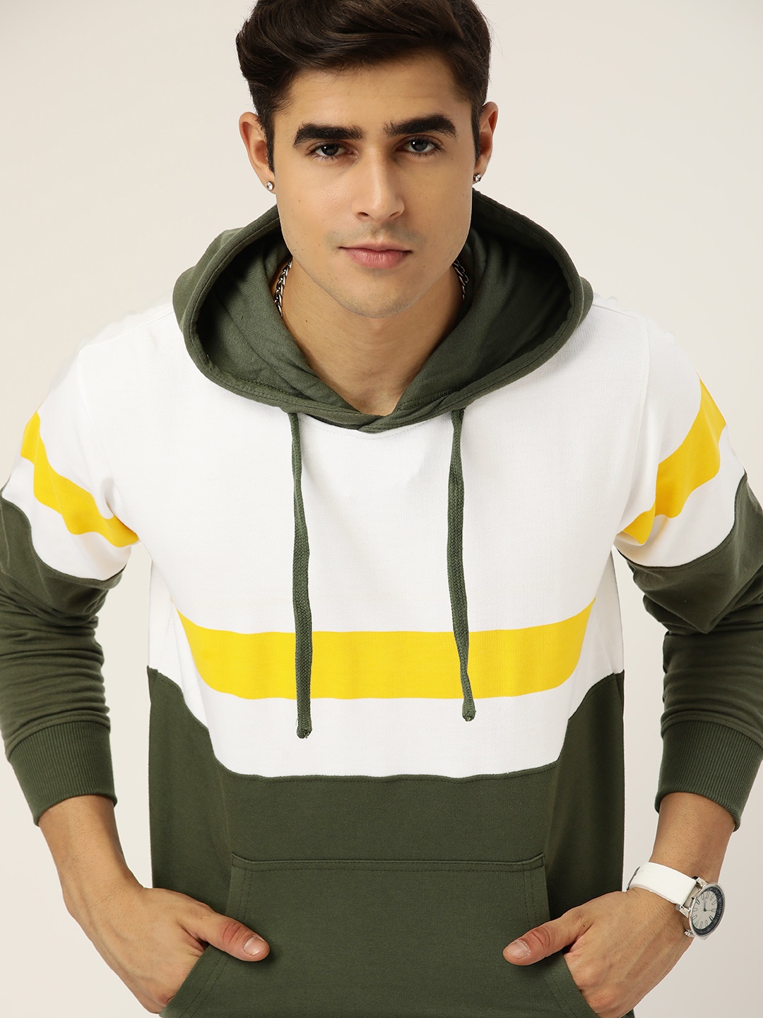 

Kook N Keech Men Olive Green Colourblocked Hooded Sweatshirt