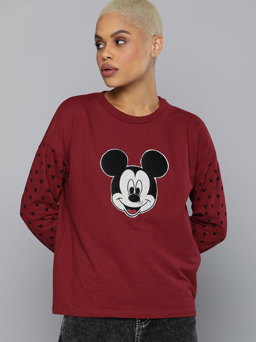 

Kook N Keech Disney Women Maroon Mickey Mouse Printed Pullover Sweatshirt