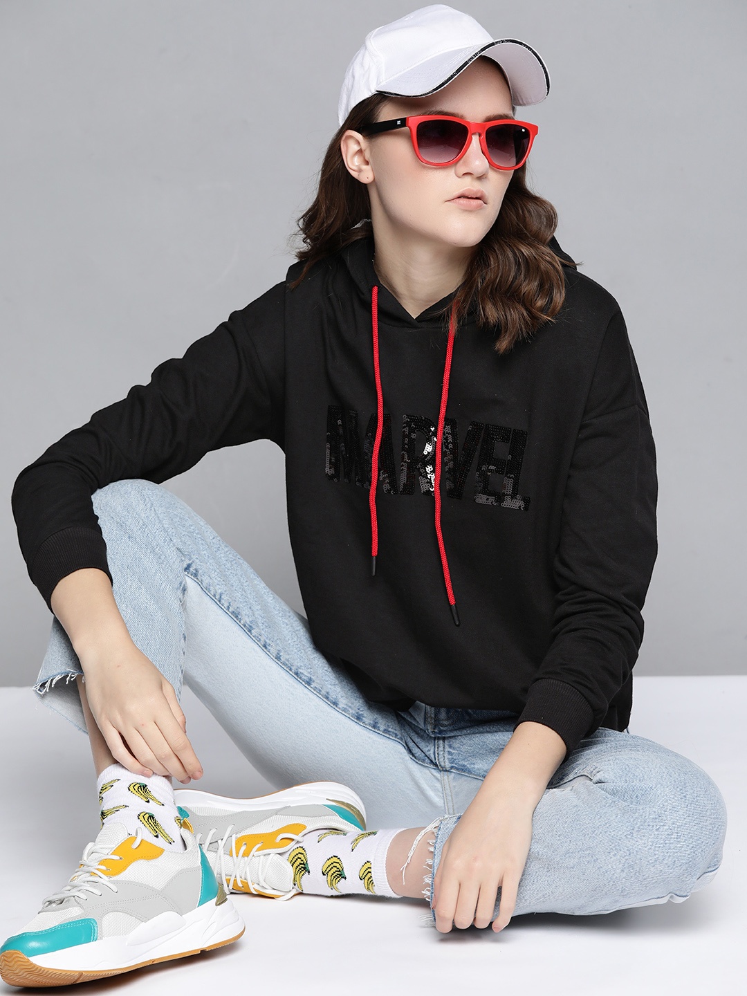 

Kook N Keech Marvel Women Black Sequinned Hooded Sweatshirt
