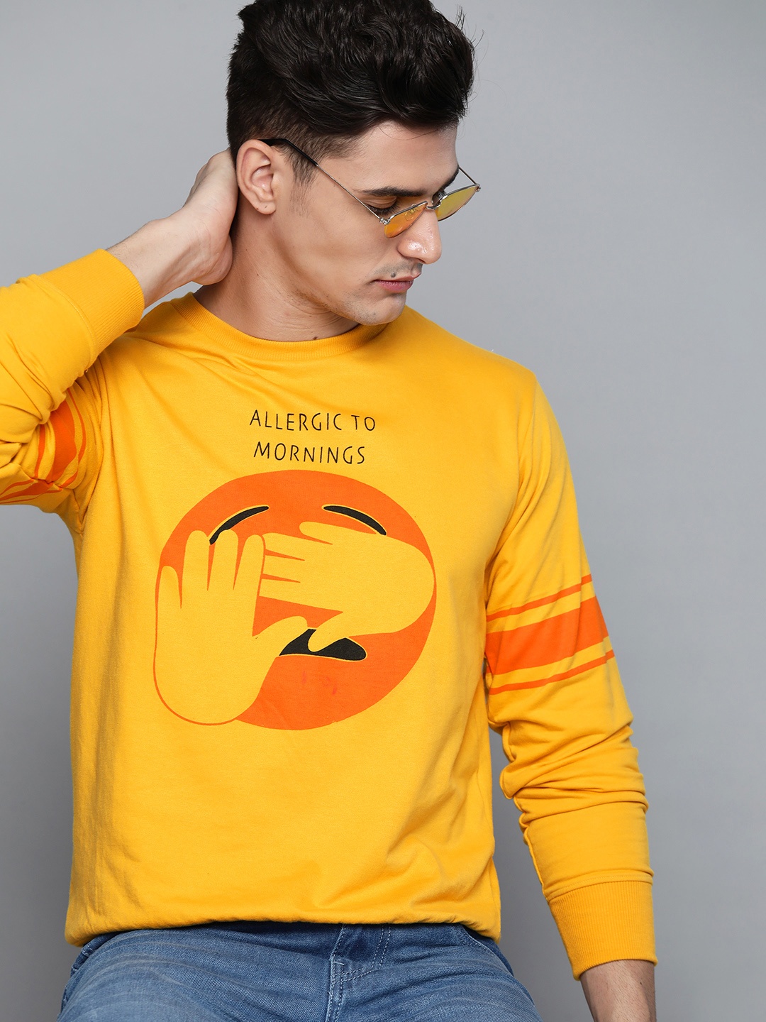 

Kook N Keech Emoji Men Mustard Yellow & Orange Printed Sweatshirt