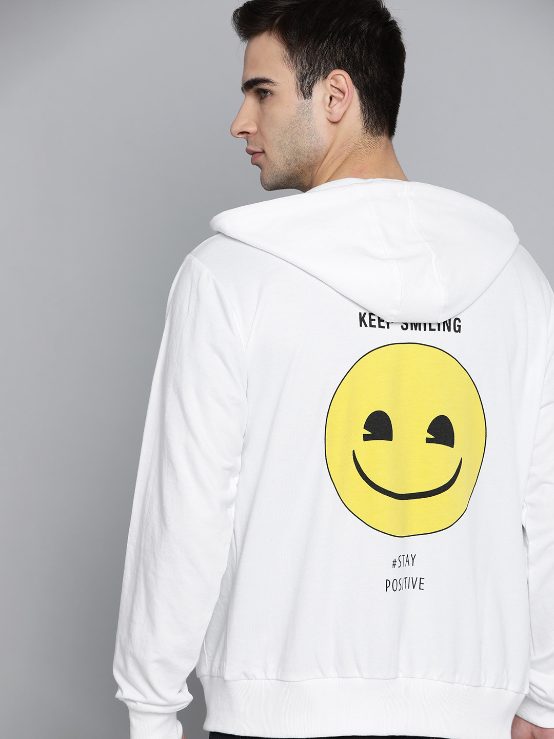 

Kook N Keech Emoji Men White & Yellow Smiley Printed Back Hooded Sweatshirt