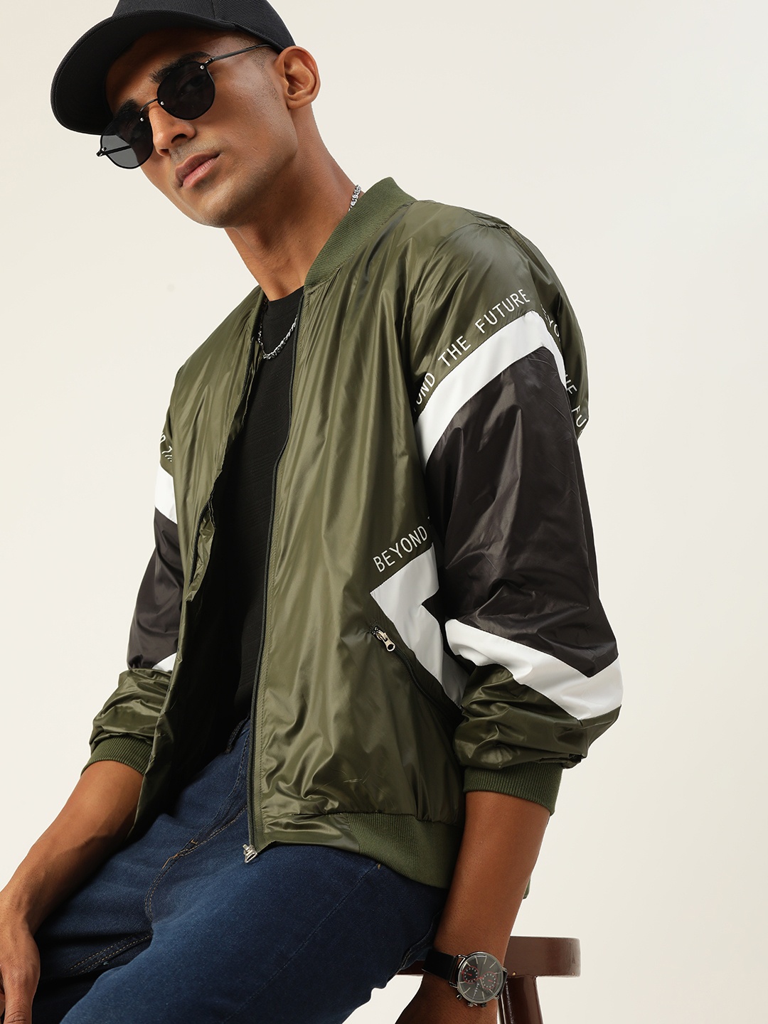 

Kook N Keech Men Olive Green & White Typography Bomber Jacket