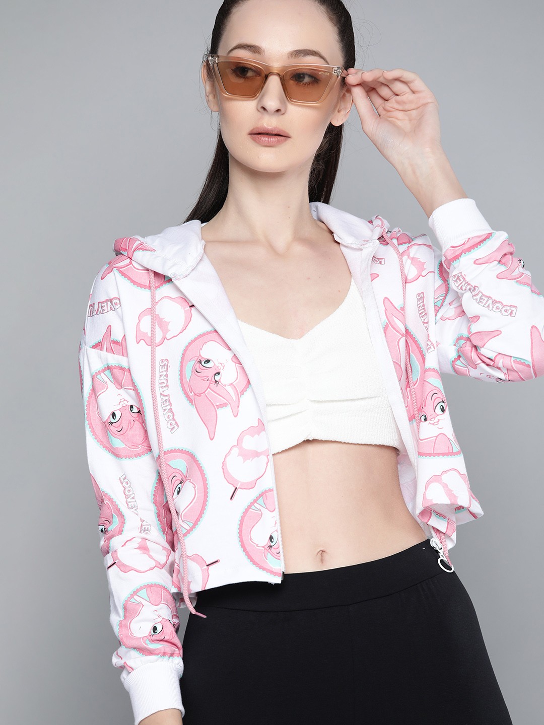 

Kook N Keech Looney Tunes Women Pink & White Printed Hooded Crop Sweatshirt