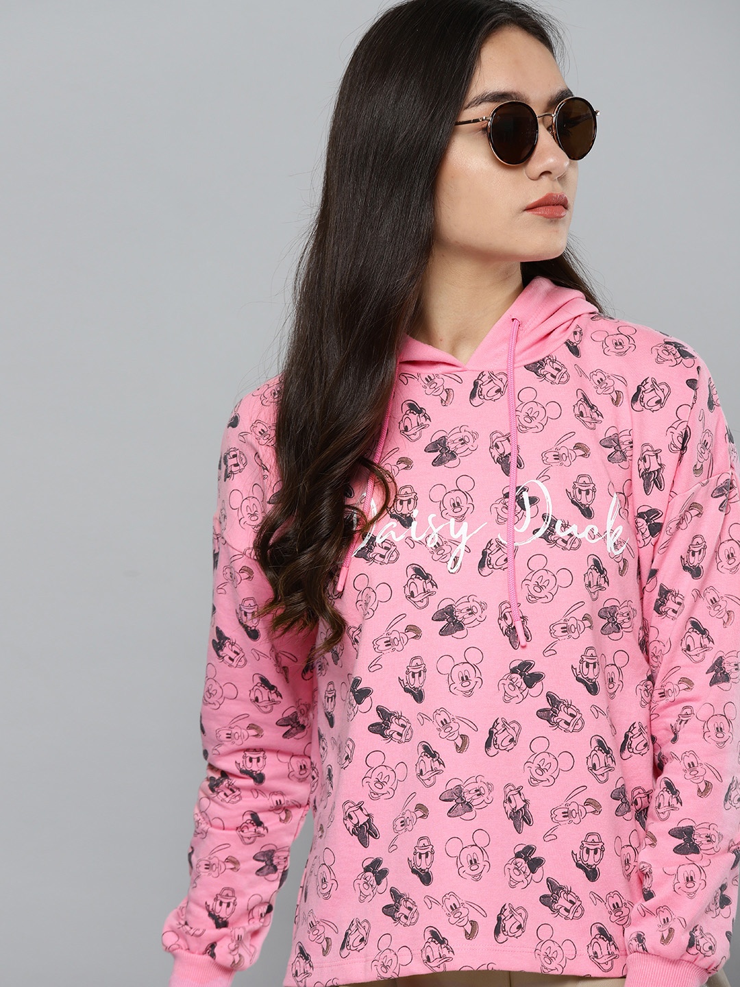 

Kook N Keech Disney Women Pink & Black Mickey & Friends Print Hooded Sweatshirt