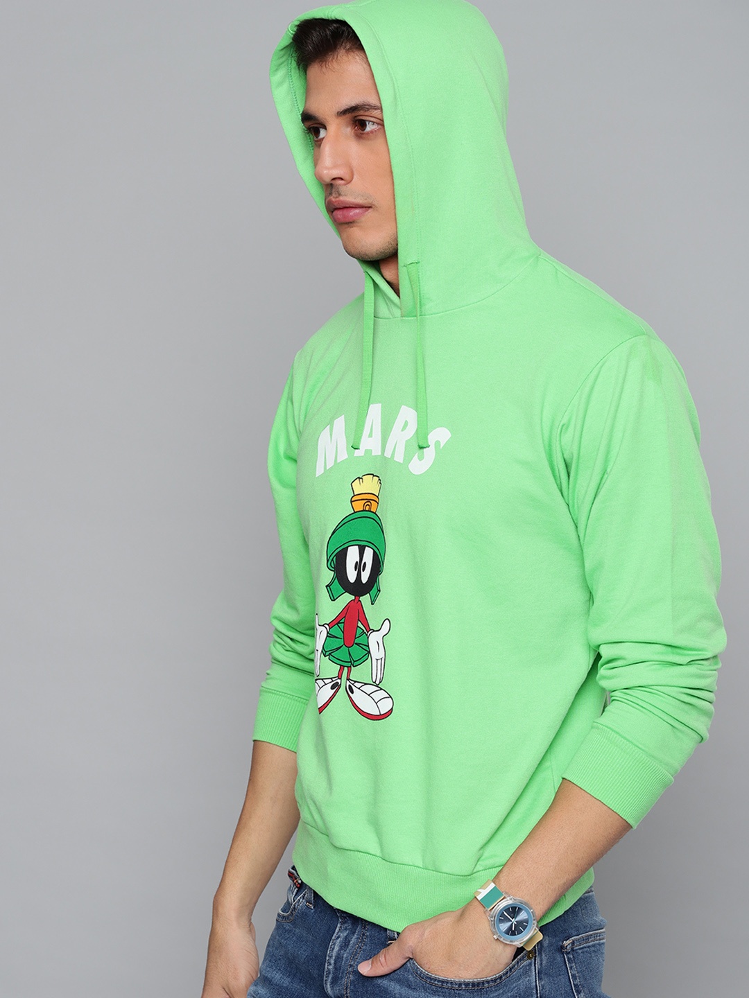

Kook N Keech Looney Tunes Men Green Marvin the Martian Print Hooded Sweatshirt