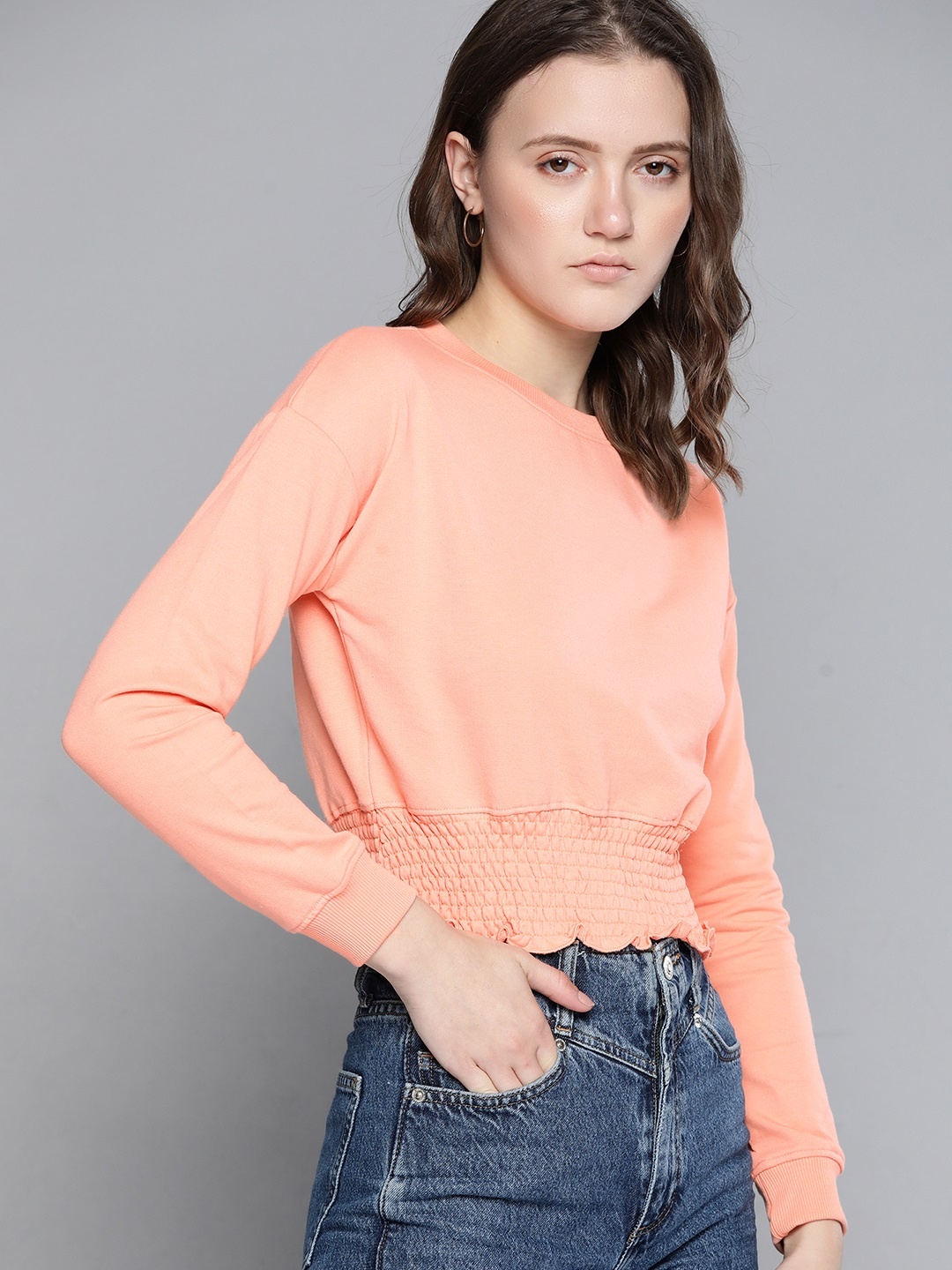 

Kook N Keech Women Peach-Coloured Sweatshirt with Smocked Hem