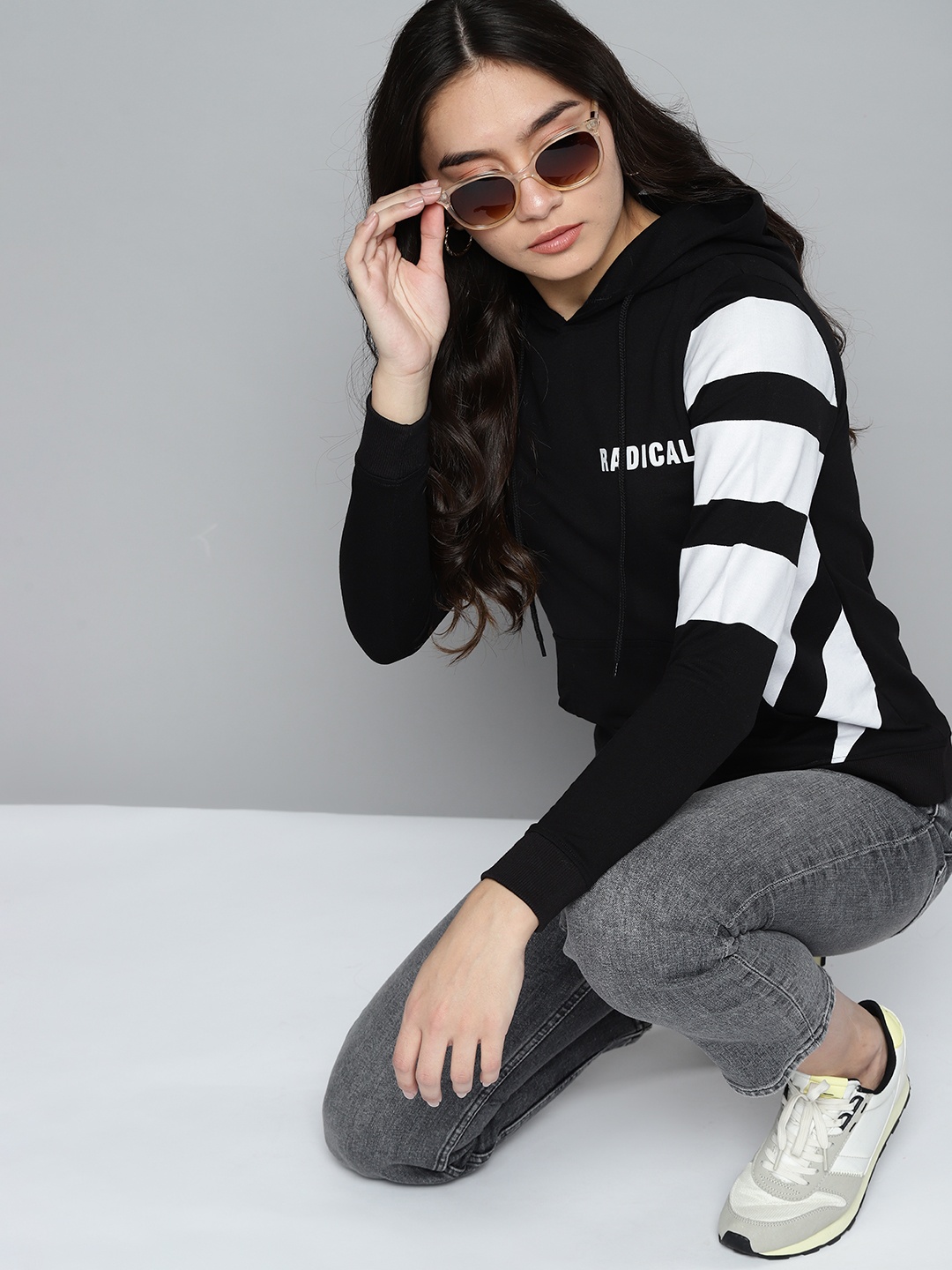 

Kook N Keech Women Black & White Striped Hooded Sweatshirt