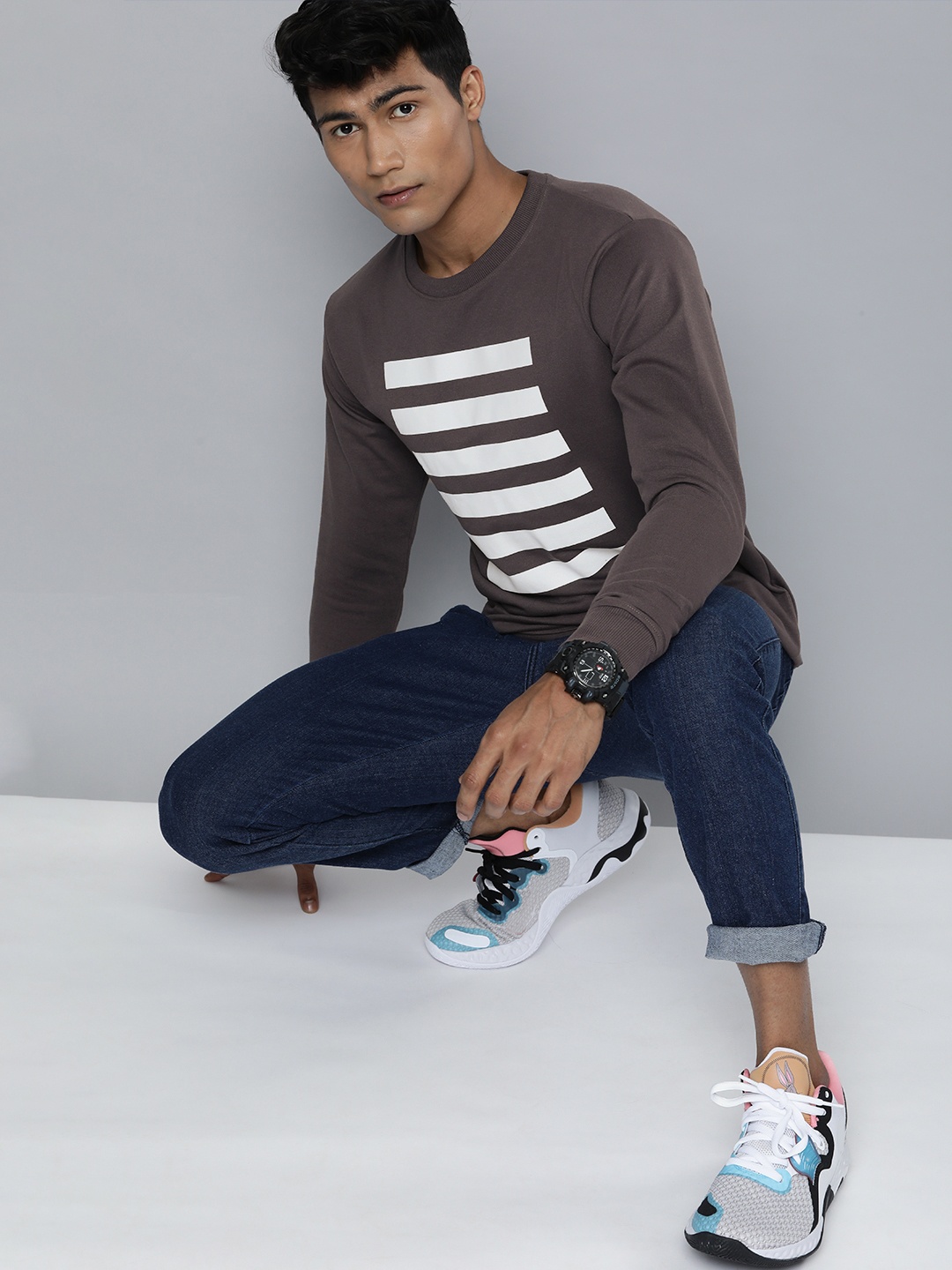 

Kook N Keech Men Grey & White Striped Sweatshirt