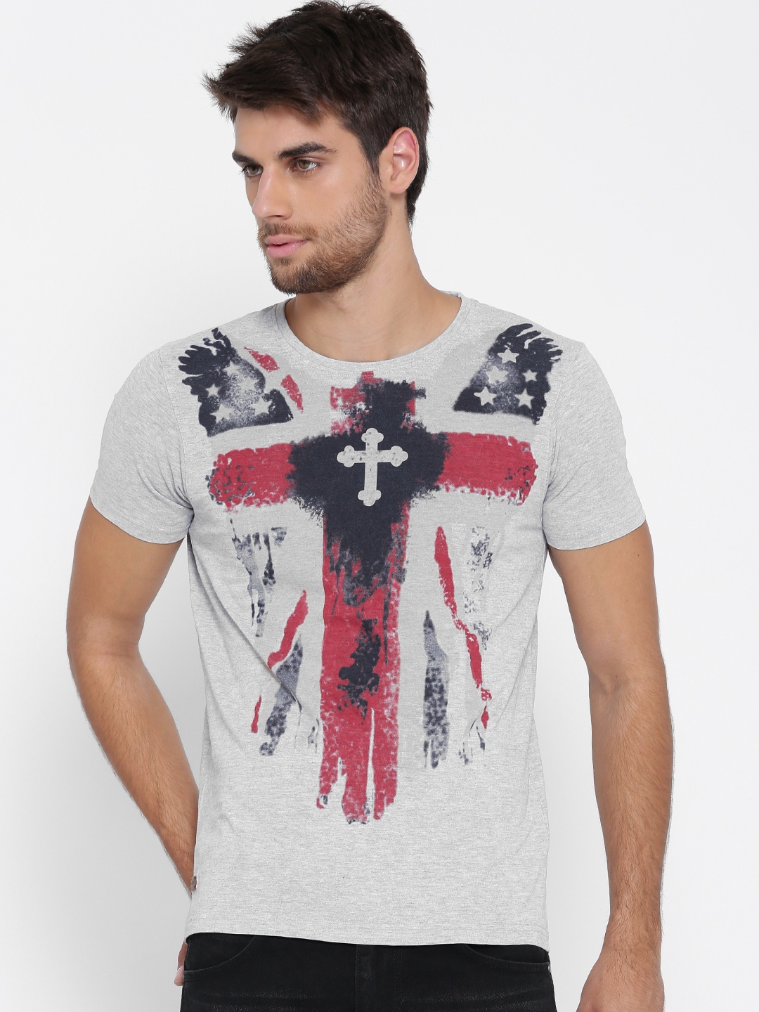 

Ed Hardy Men Grey Melange Printed Round Neck T-shirt