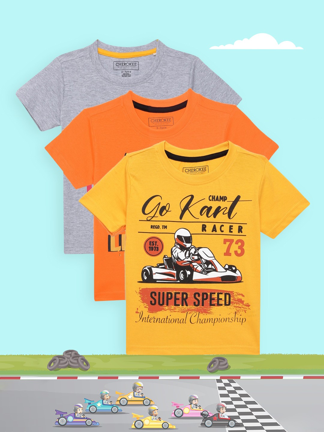 Cherokee Boys Set Of 3 Typography Printed Round Neck Pure Cotton T-shirts, Grey