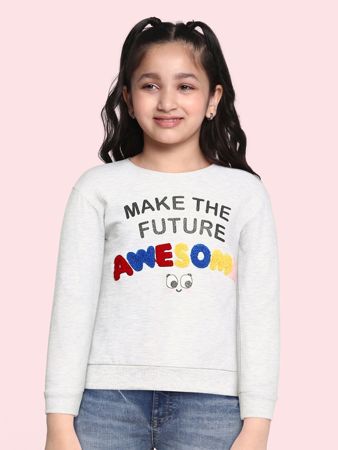 

Cherokee Girls Grey Melange Typography Print Embroidered Sweatshirt