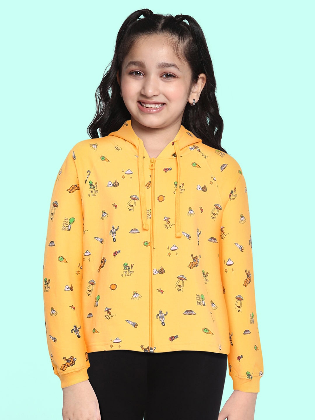 

Cherokee Girls Yellow Printed Pure Cotton Hooded Sweatshirt