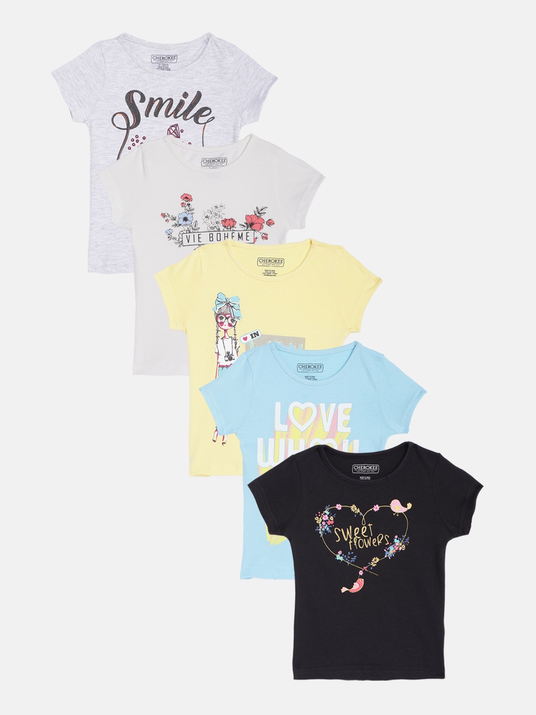 

Cherokee Girls Pack of 5 Multicoloured Typography Printed T-shirts, Grey melange
