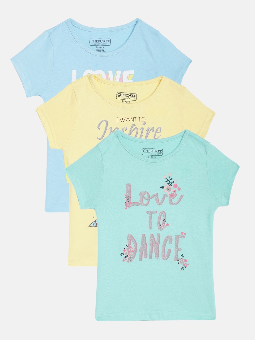 

Cherokee Girls Pack of 3 Multicoloured Typography Printed Pure Cotton T-shirts, Blue