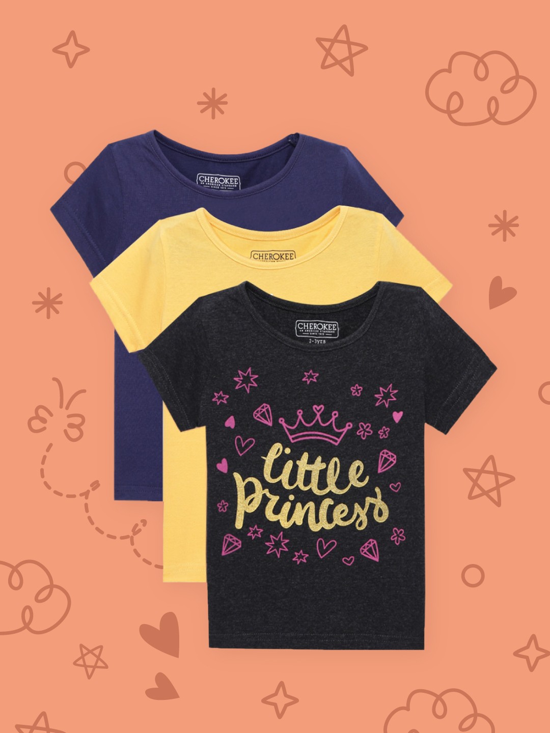 

Cherokee Girls Pack of 3 Typography Printed Pure Cotton T-shirts, Navy blue