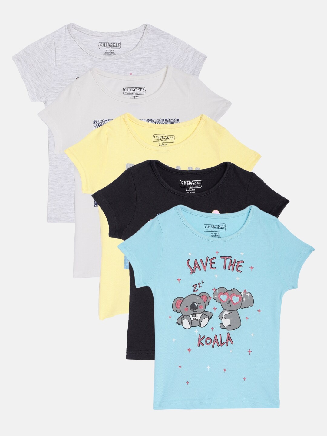 

Cherokee Girls Pack of 5 Multicoloured Typography Printed T-shirts, Grey melange