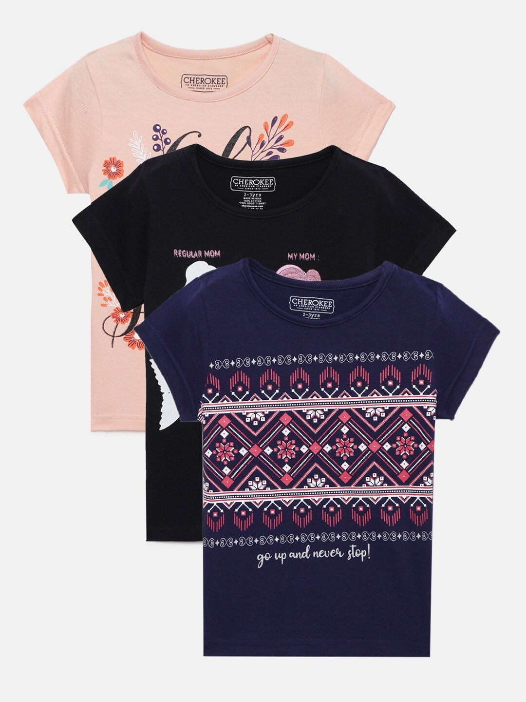 

Cherokee Girls Set of 3 Blue & Black Typography Printed Pure Cotton T-shirt