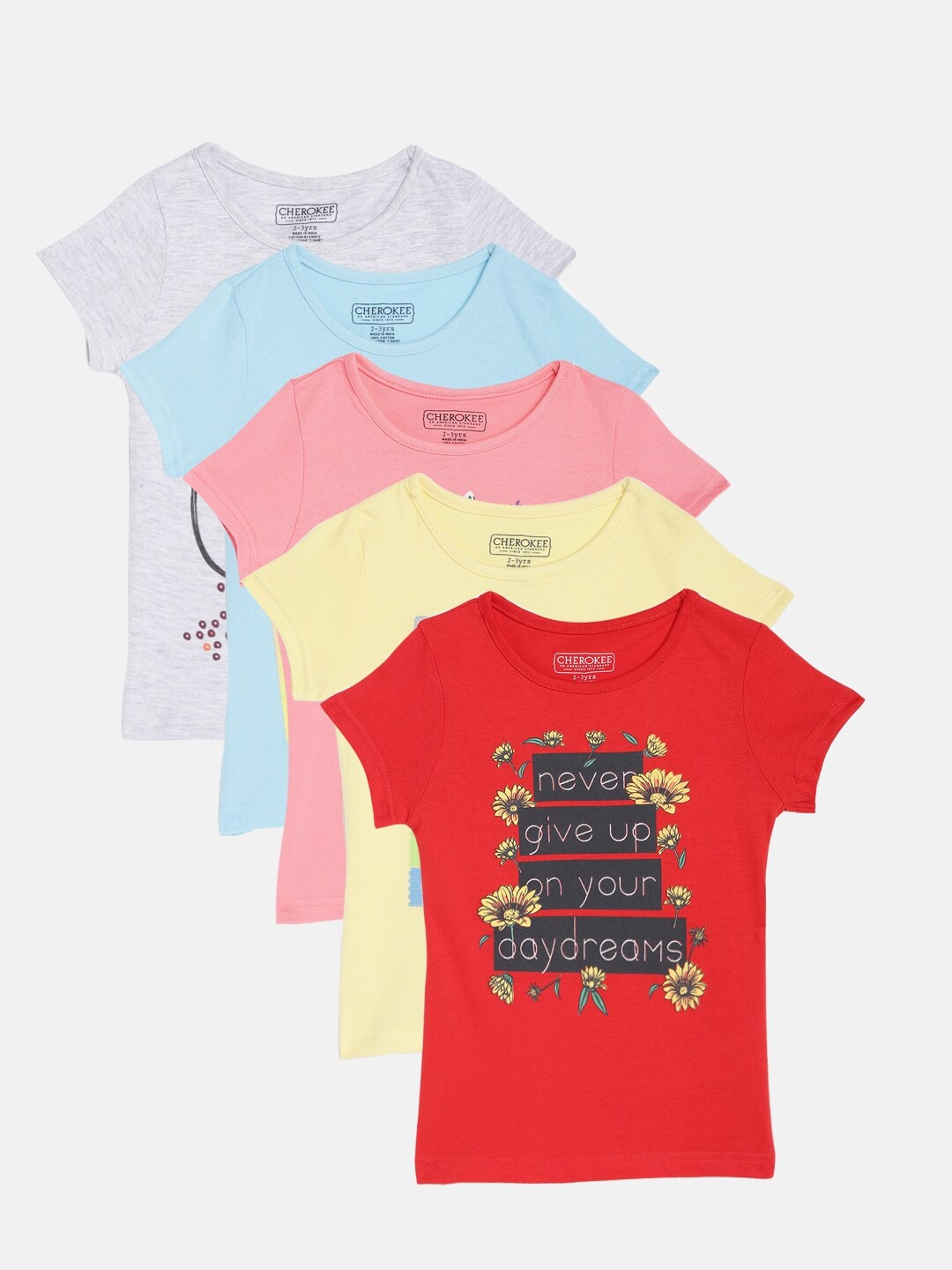 

Cherokee Girls Pack of 5 Multicoloured Typography Printed T-shirts, Grey melange