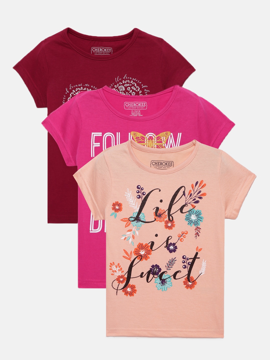 

Cherokee Girls Set of 3 Maroon & Magenta Typography Printed T-shirt