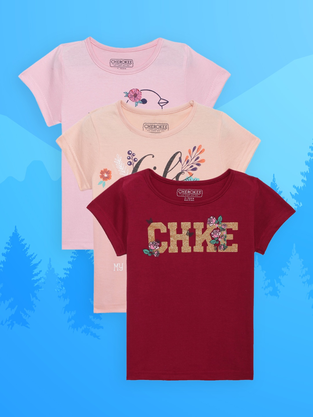 

Cherokee Girls Set of 3 Peach-Coloured & Pink Typography Printed T-shirt