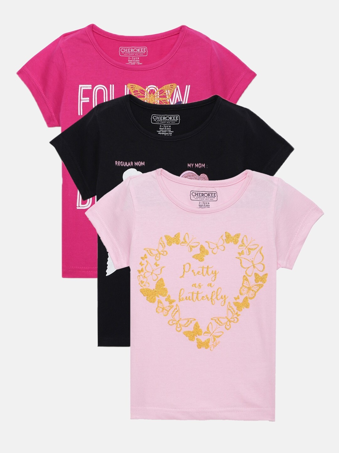 

Cherokee Girls Set of 3 Typography Printed Pure Cotton T-shirt, Magenta