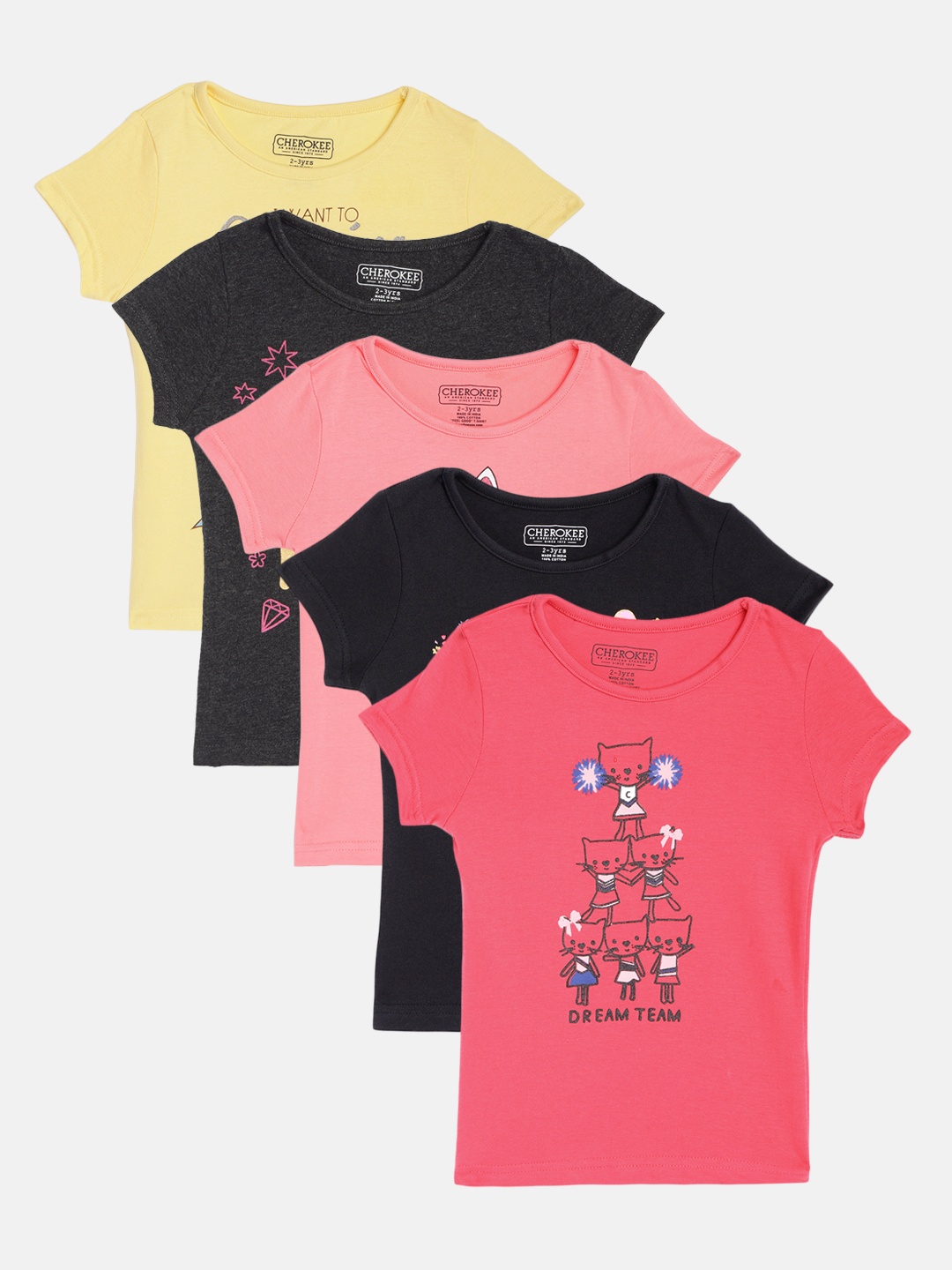 

Cherokee Girls Pack of 5 Multicoloured Typography Printed Pure Cotton T-shirts, Multi