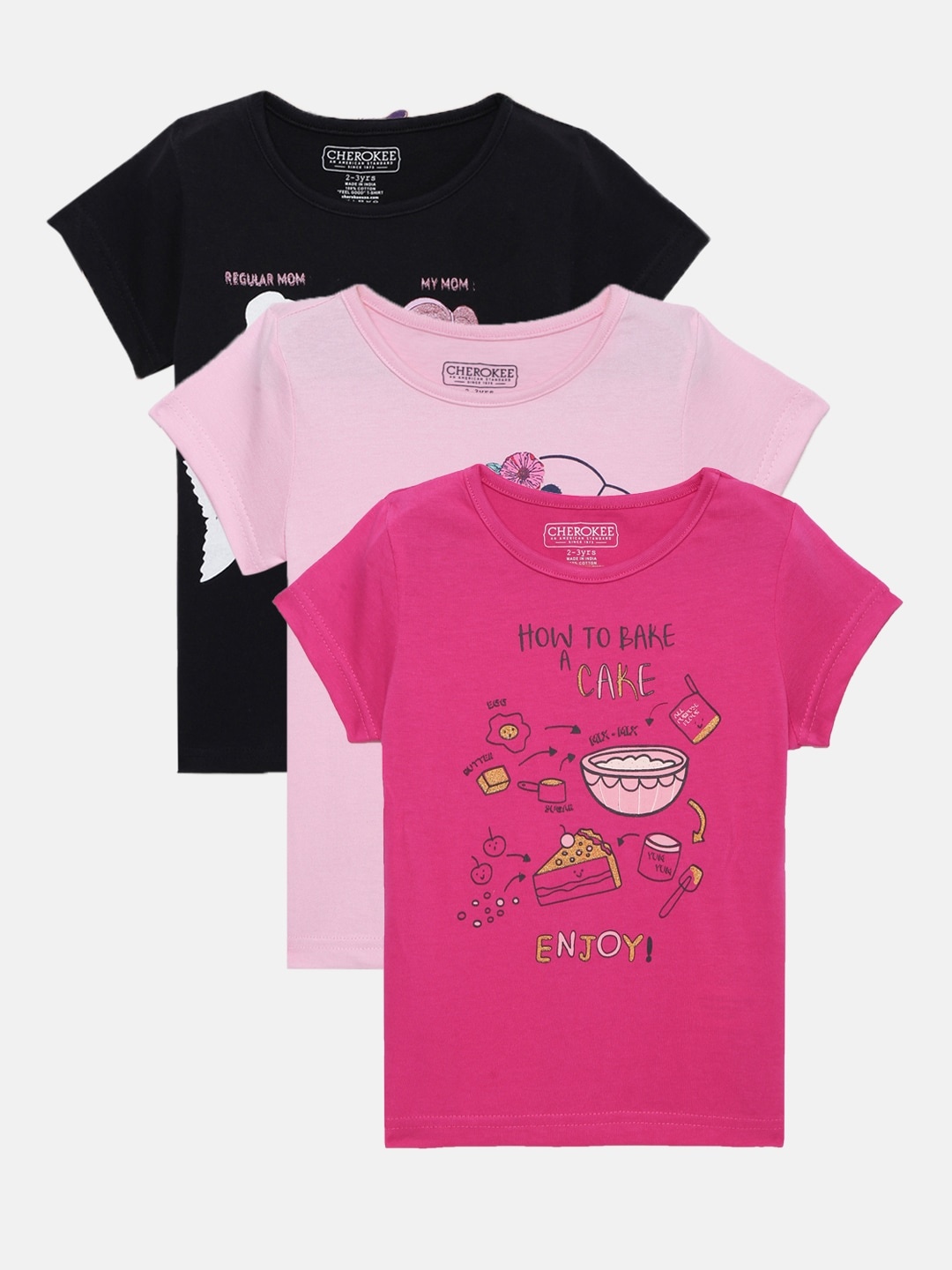 

Cherokee Girls Set of 3 Black & Magenta Typography Printed T-shirt
