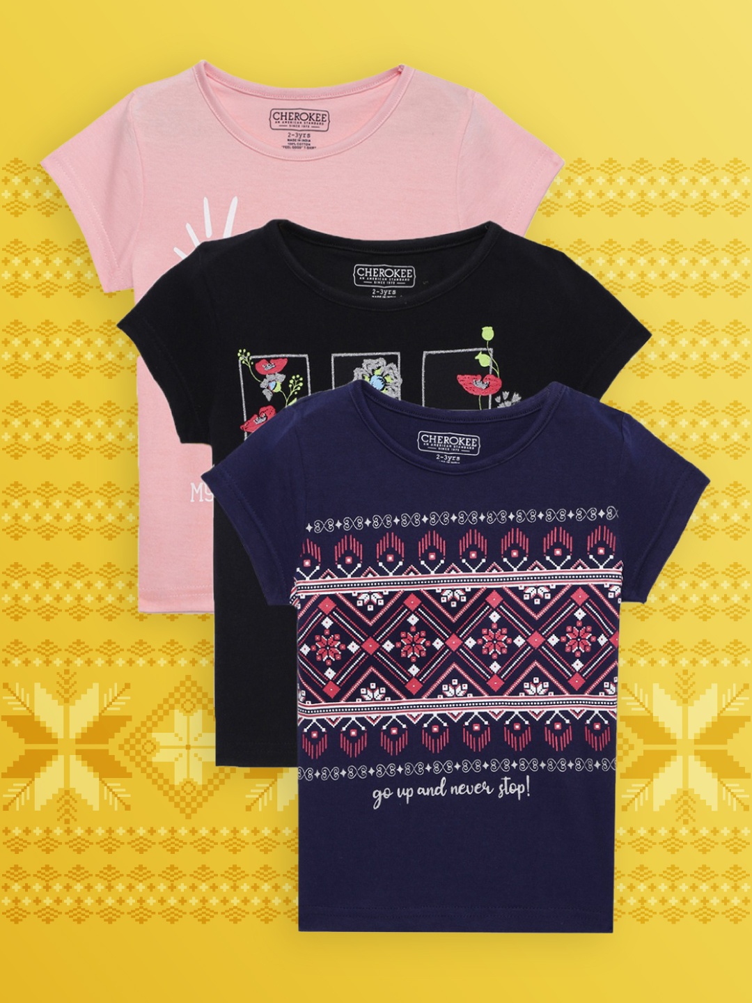 

Cherokee Girls Set of 3 Peach-Coloured & Black Typography Printed Pure Cotton T-shirt