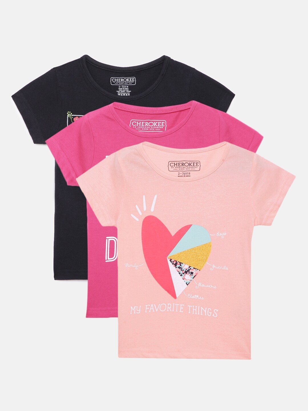 

Cherokee Girls Pack of 3 Typography Printed Embellished Pure Cotton T-shirts, Black