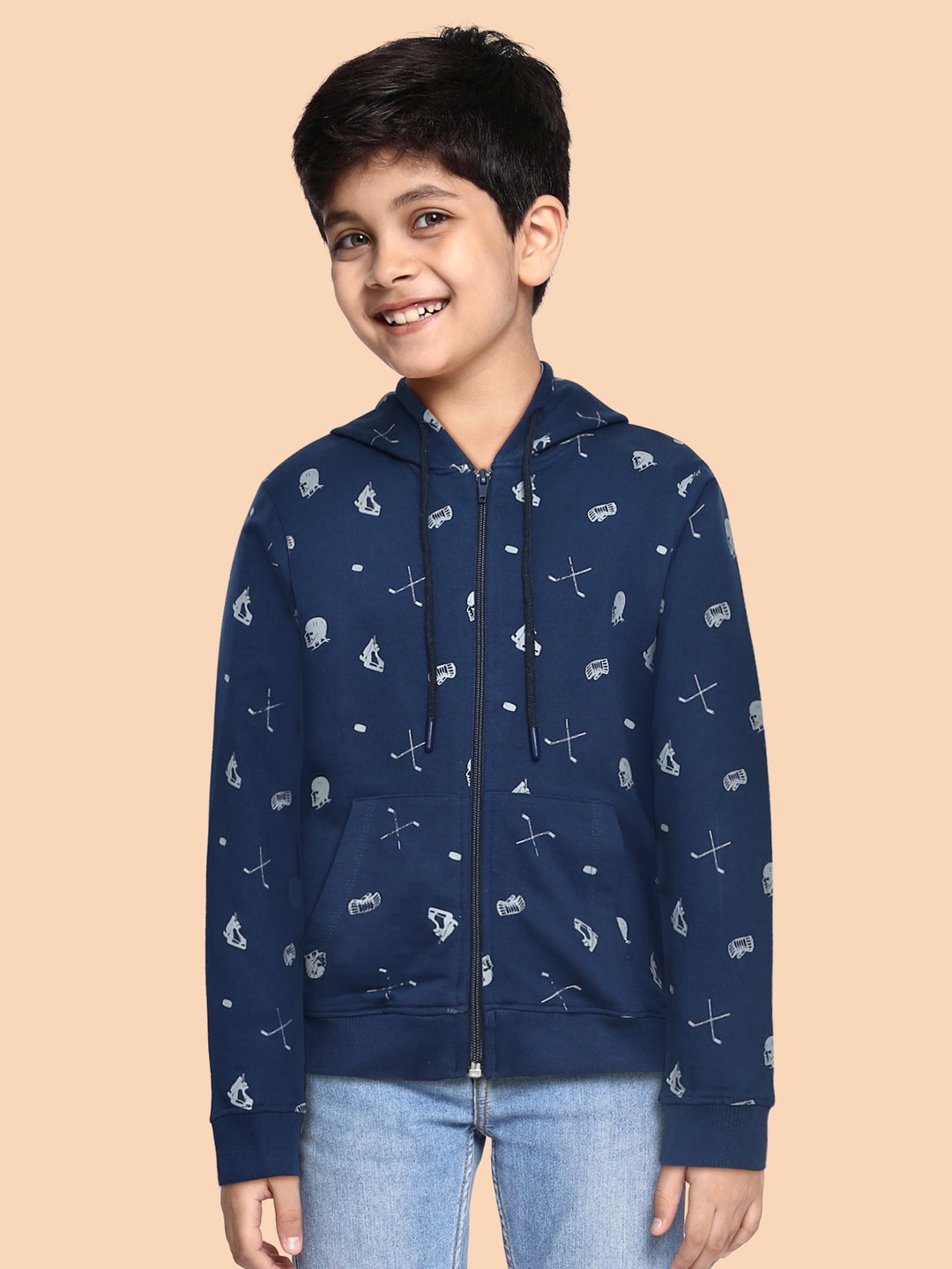 

Cherokee Boys Navy Blue Printed Cotton Hooded Sweatshirt