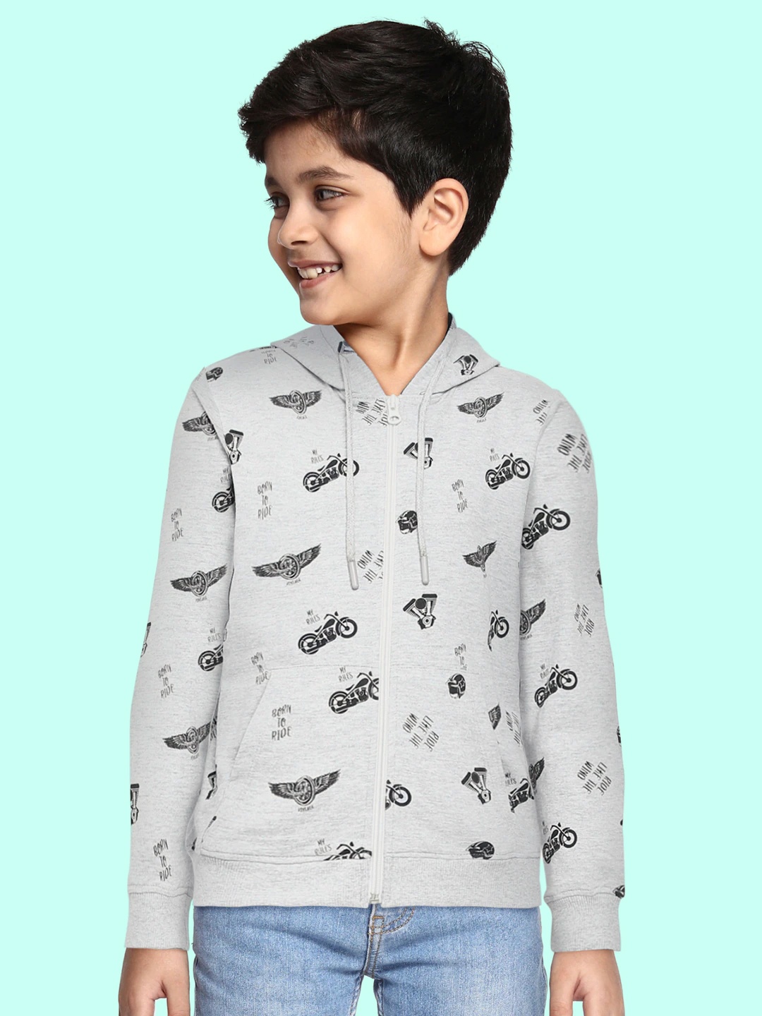 

Cherokee Boys Grey Melange Printed Cotton Hooded Sweatshirt