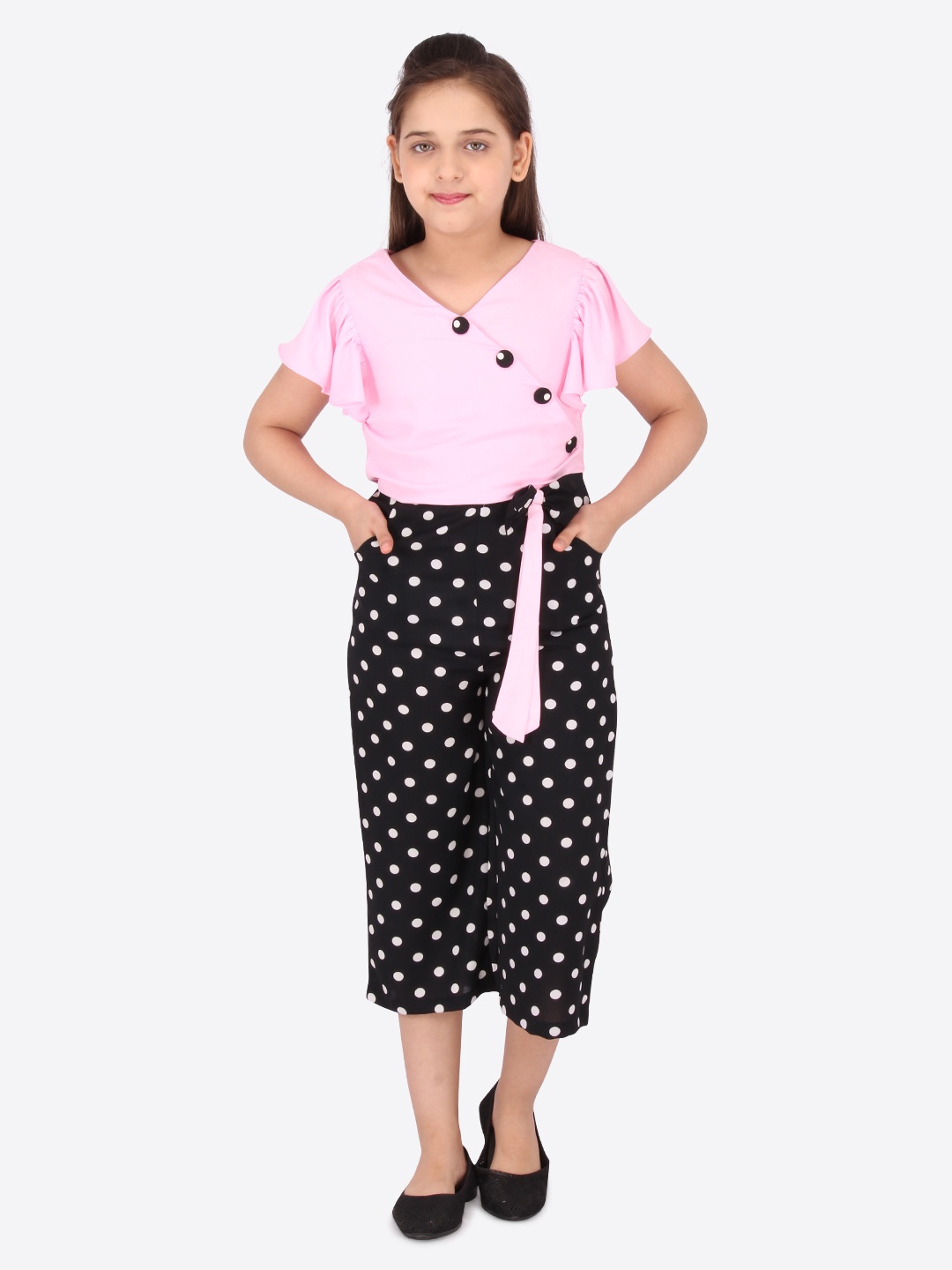 

CUTECUMBER Girls Pink & Black Printed Culotte Jumpsuit with Applique