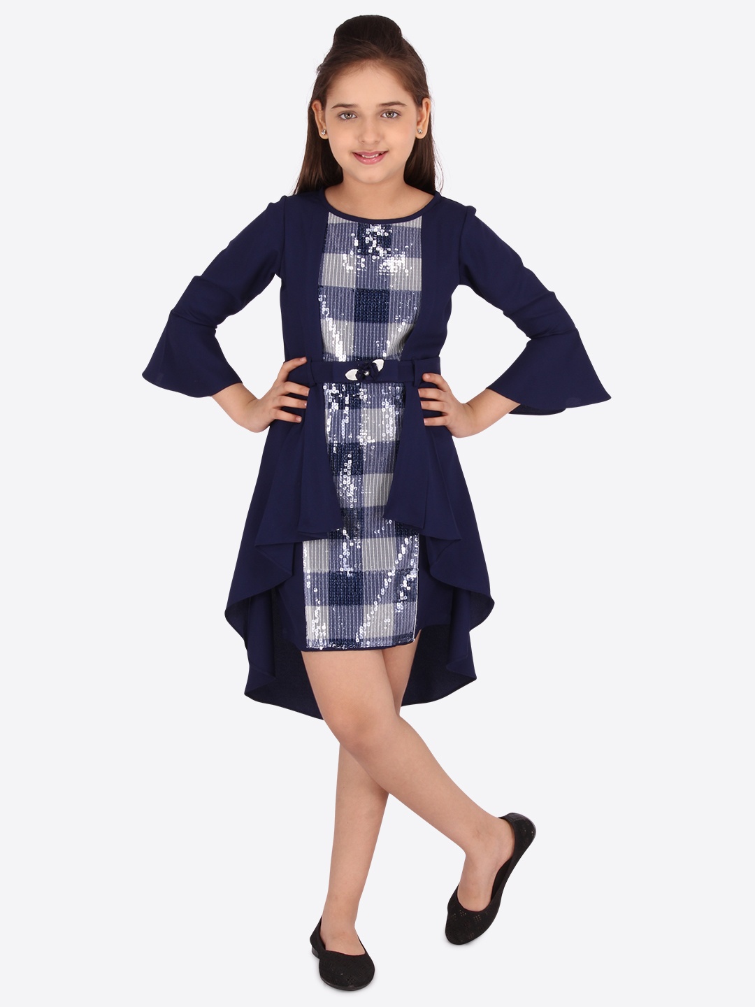 

CUTECUMBER Navy Blue Checked Georgette Dress