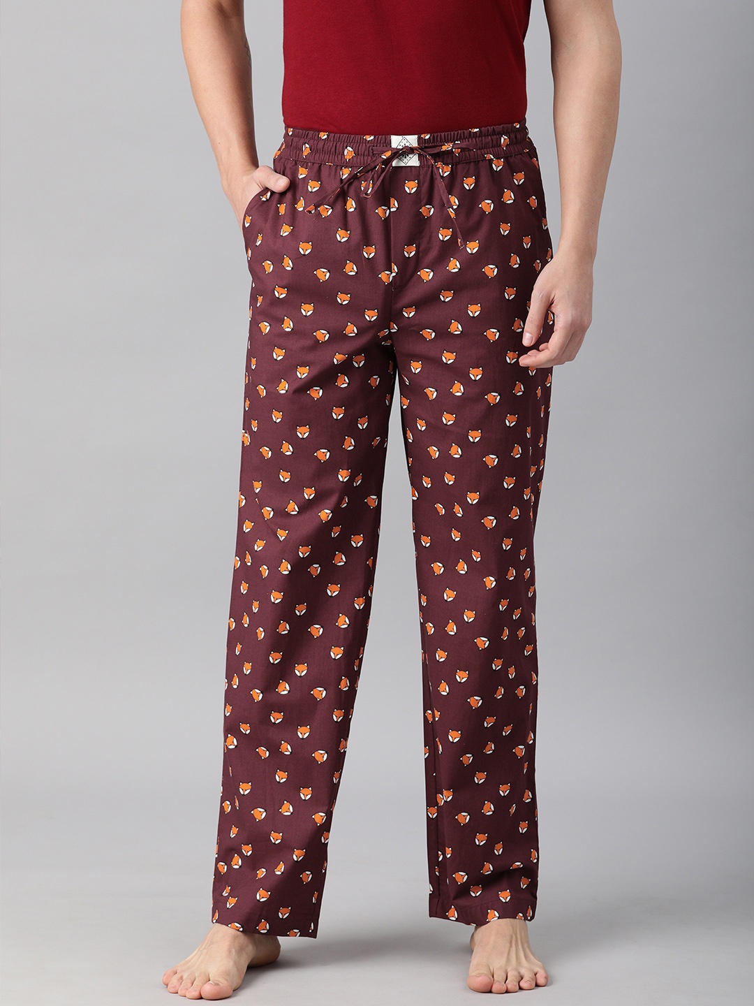 

abof Men Maroon & Yellow Printed Pure Cotton Lounge Pants