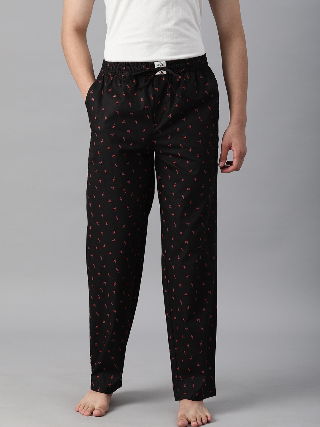 

abof Men Black & Red Bird Print Pure Cotton Lounge Pants