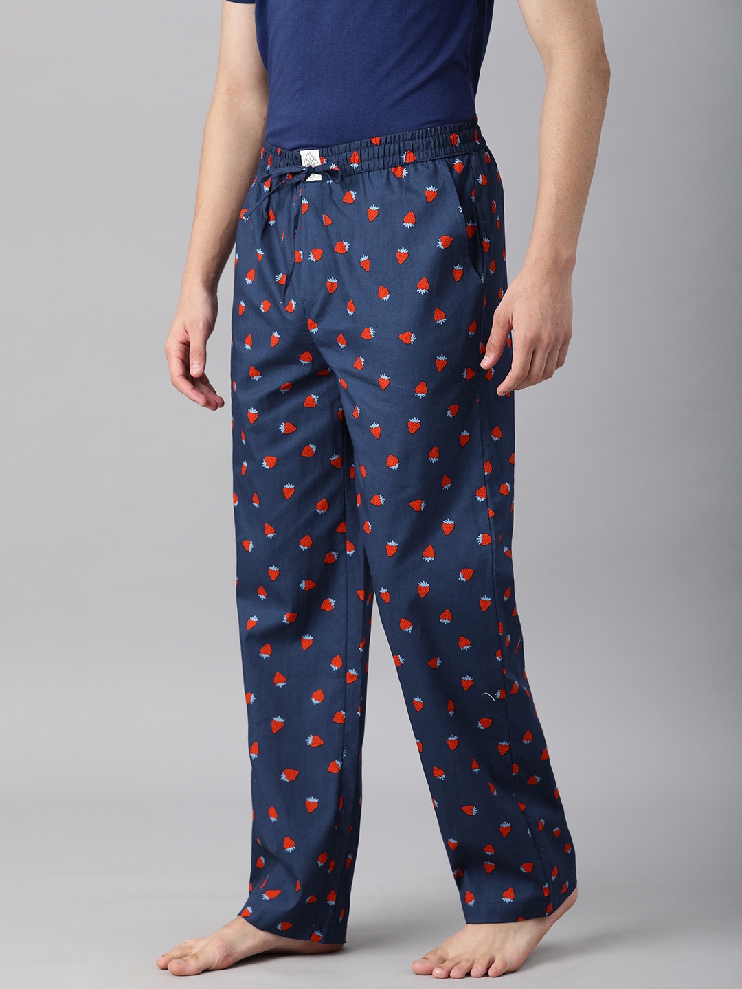 

abof Men Navy Blue & Red Strawberry Print Pure Cotton Lounge Pants