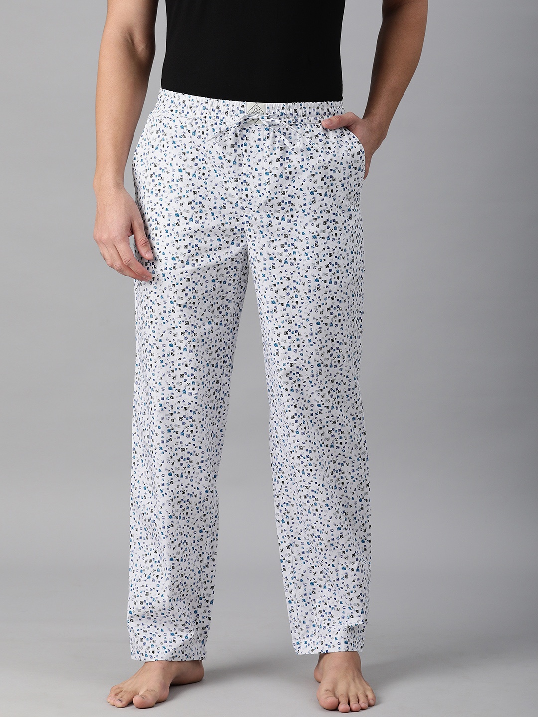 

abof Men White & Blue Geometric Print Pure Cotton Lounge Pants