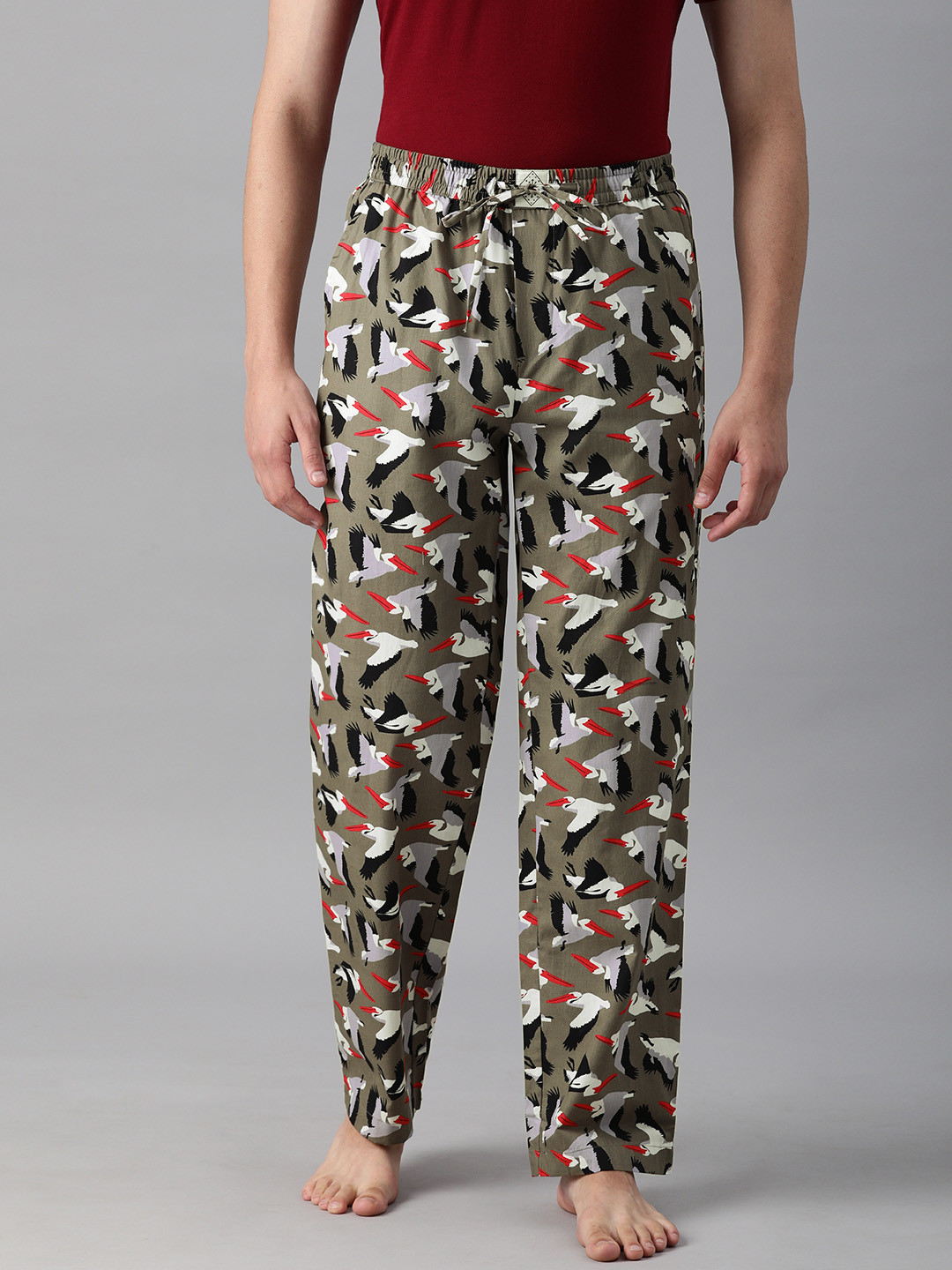 

abof Men Olive Green & White Regular Fit Printed Pure Cotton Lounge Pants