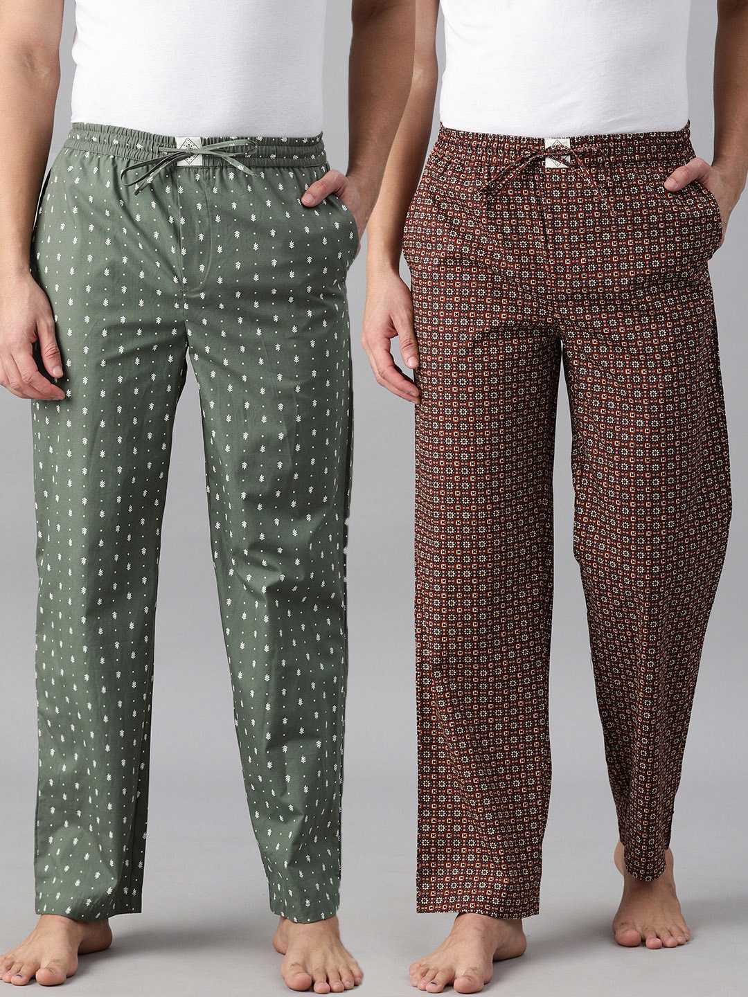 

abof Men Pack Of 2 Printed Pure Cotton Lounge Pants, Olive