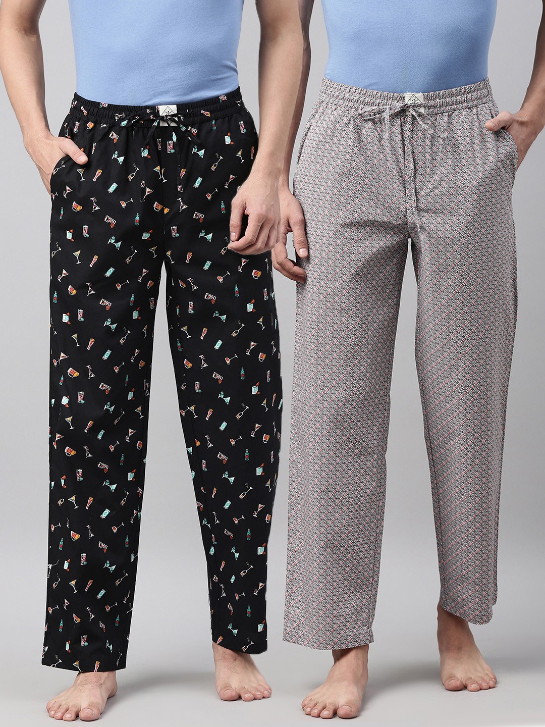 

abof Men Pack Of 2 Printed Pure Cotton Lounge Pants, Black