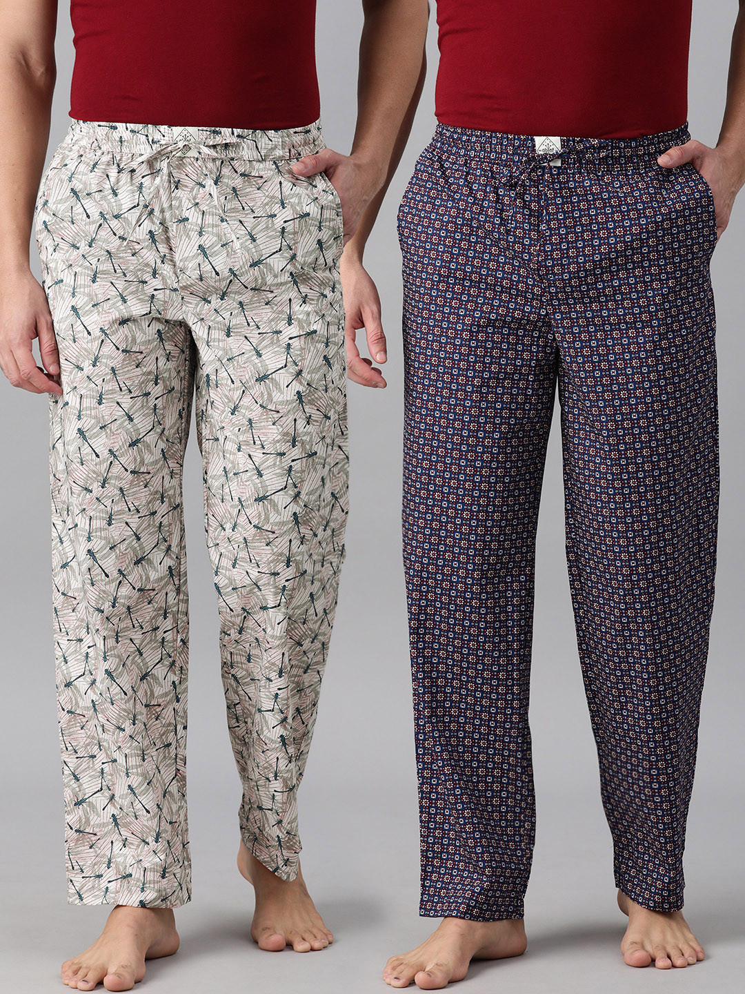 

abof Men Pack Of 2 Printed Pure Cotton Lounge Pants, Navy blue