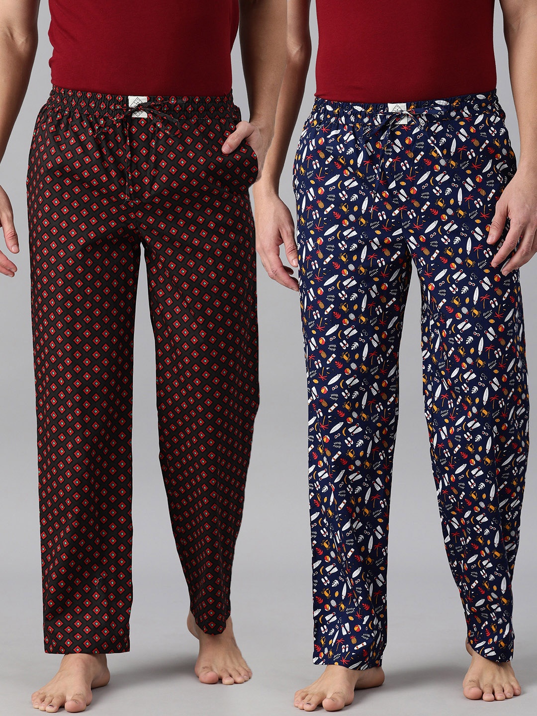 

abof Men Pack Of 2 Printed Pure Cotton Lounge Pants, Navy blue