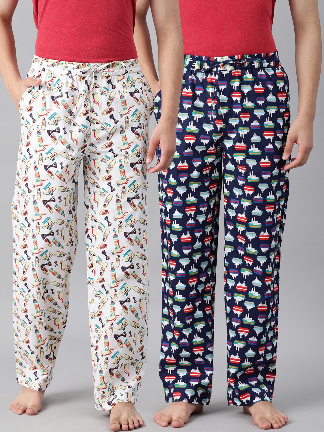 

abof Men Pack Of 2 Printed Pure Cotton Lounge Pants, Navy blue