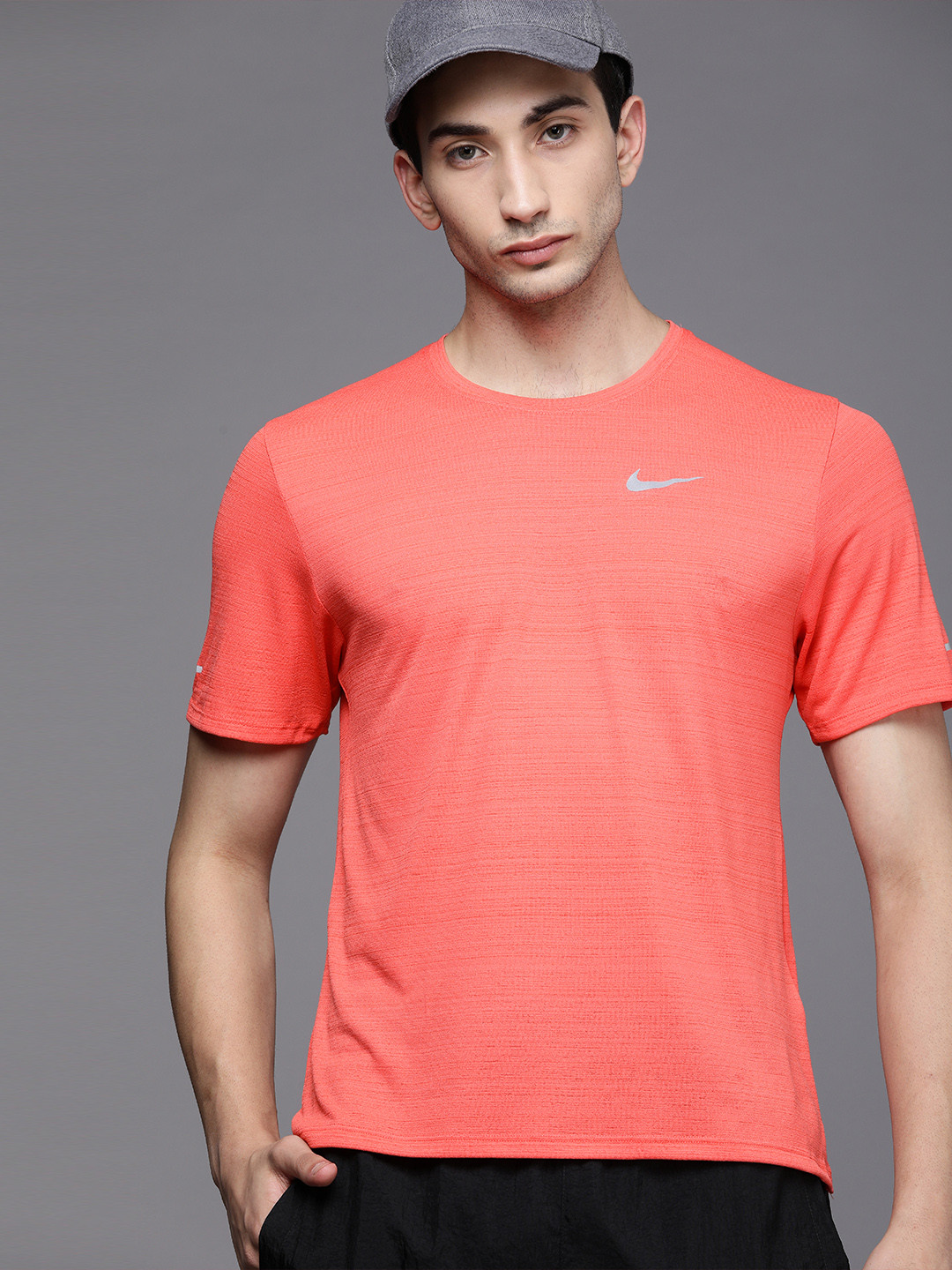 

Nike Men Orange Brand Logo Printed AS M NK DF MILER Running T-shirt