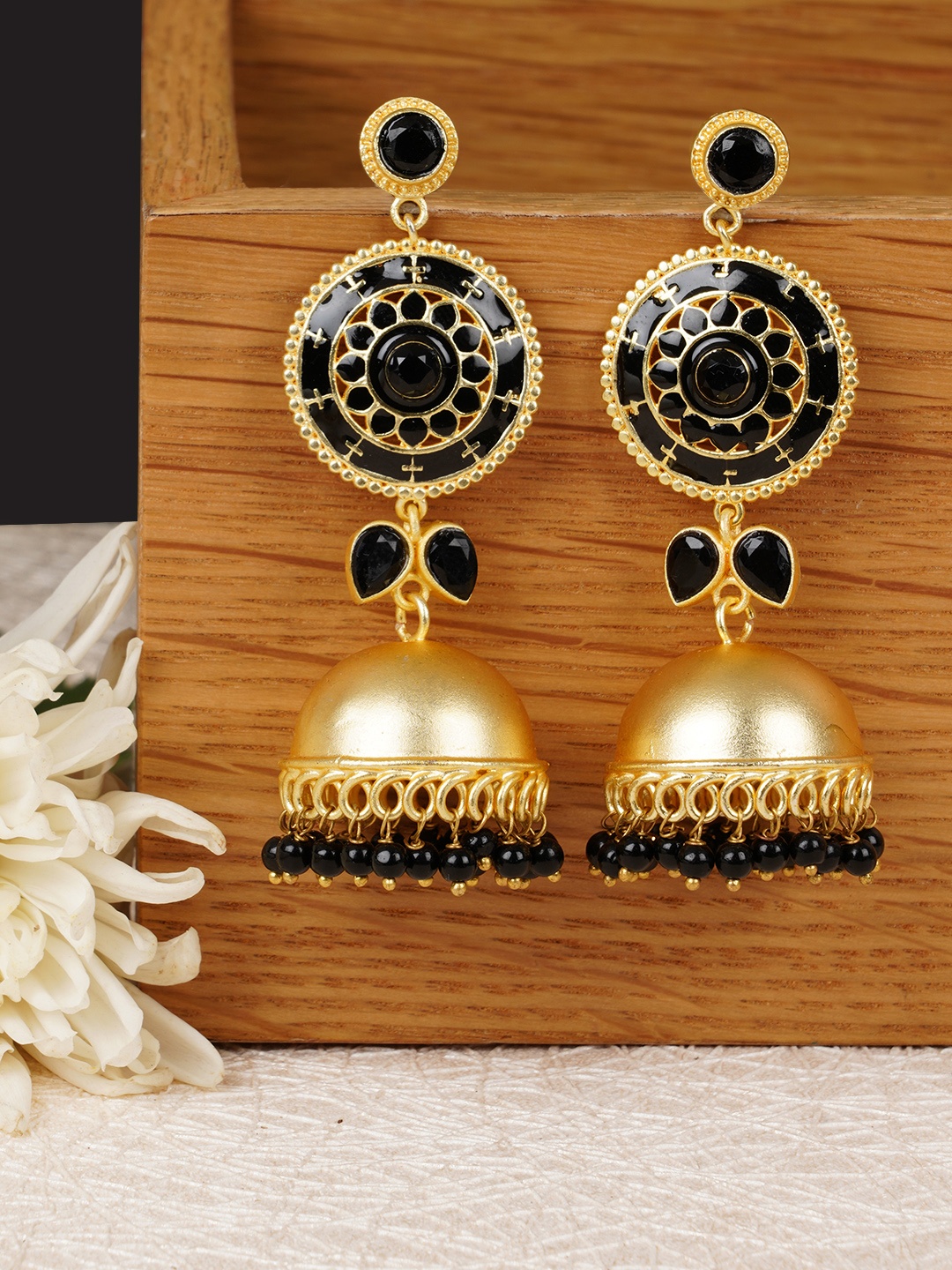 

FIROZA Gold-Toned & Black Studded & Beaded Dome Shaped Jhumkas