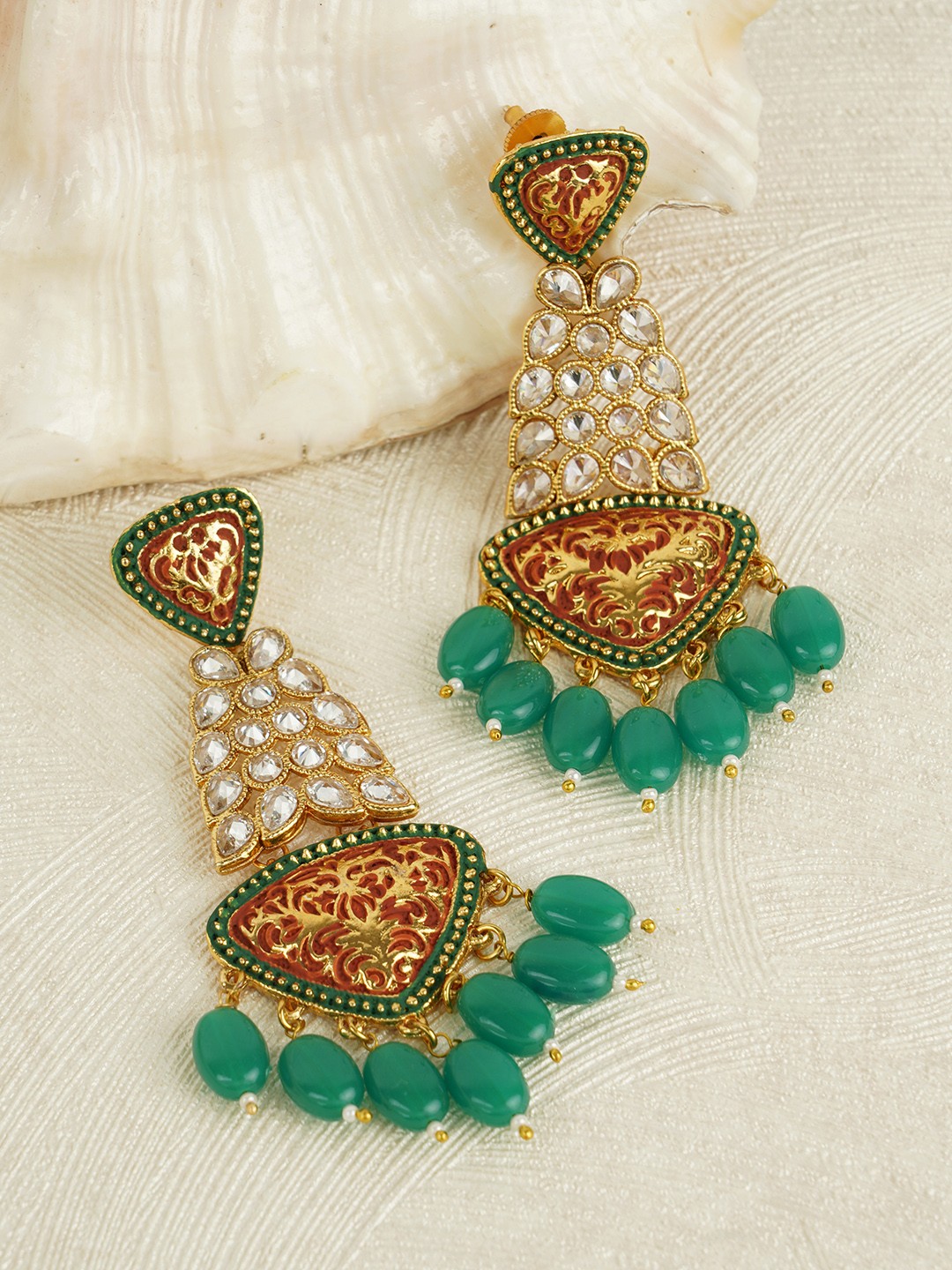 

FIROZA Gold-Toned & Green Studded & Beaded Enamelled Drop Earrings