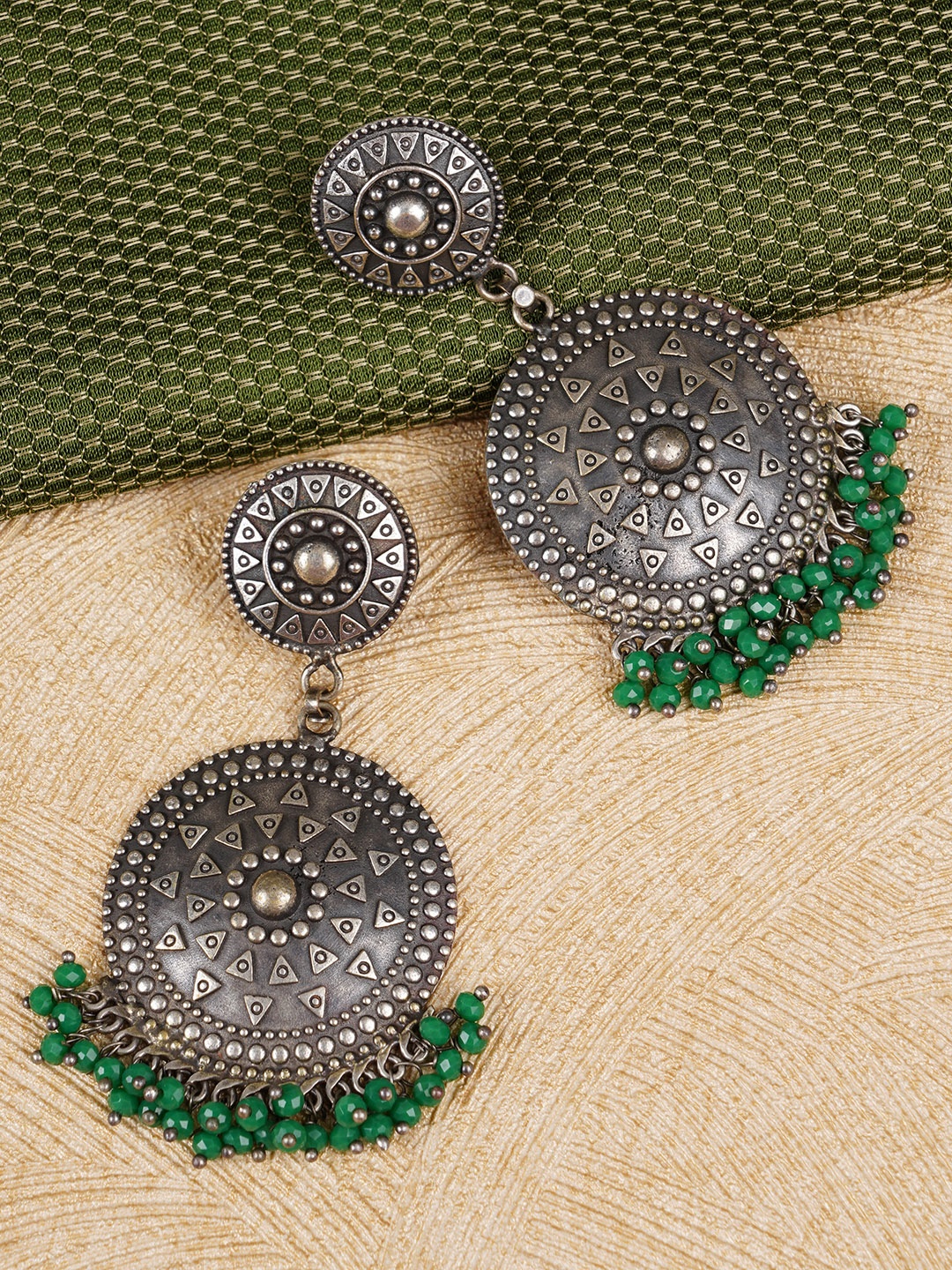 

FIROZA Silver-Toned & Green Oxidised Beaded Circular Drop Earrings