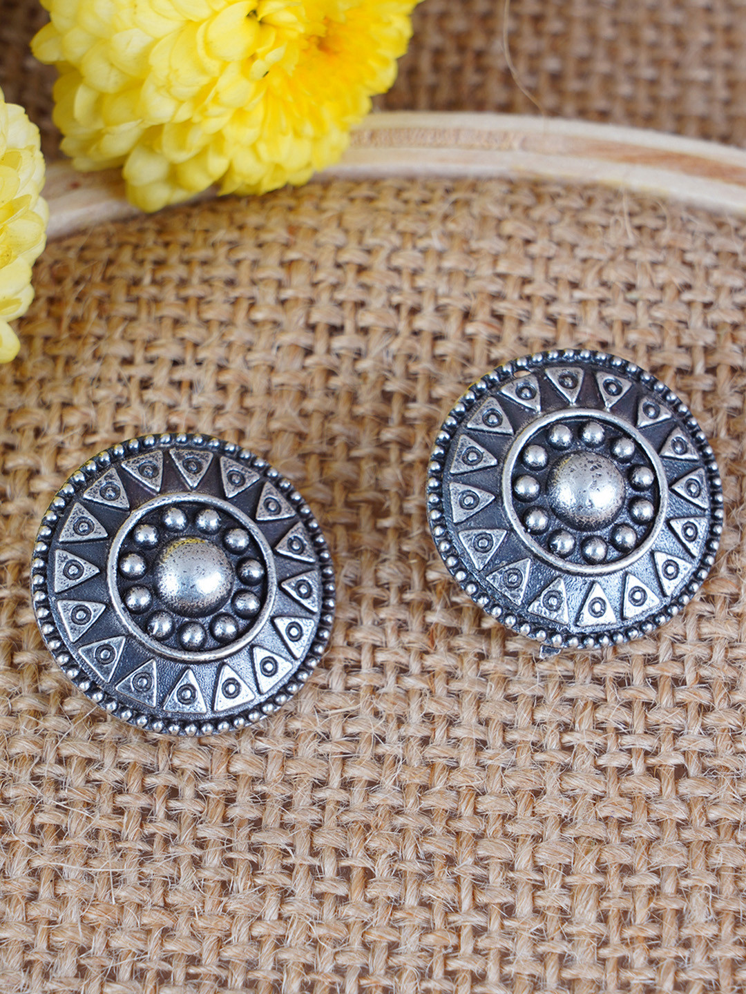 

FIROZA Silver-Toned Oxidised Circular Studs